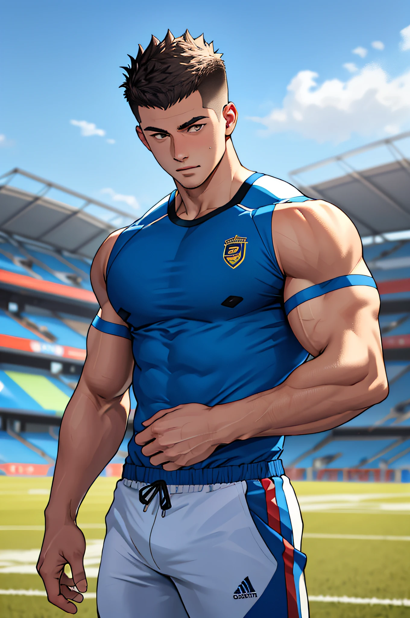 Draw a full-fledged athlete,Stand on the central field of the gym,He wears high-end sportswear,The man looks confident and determined,looking-down,Crew cut,full bodyesbian,shooting from below,