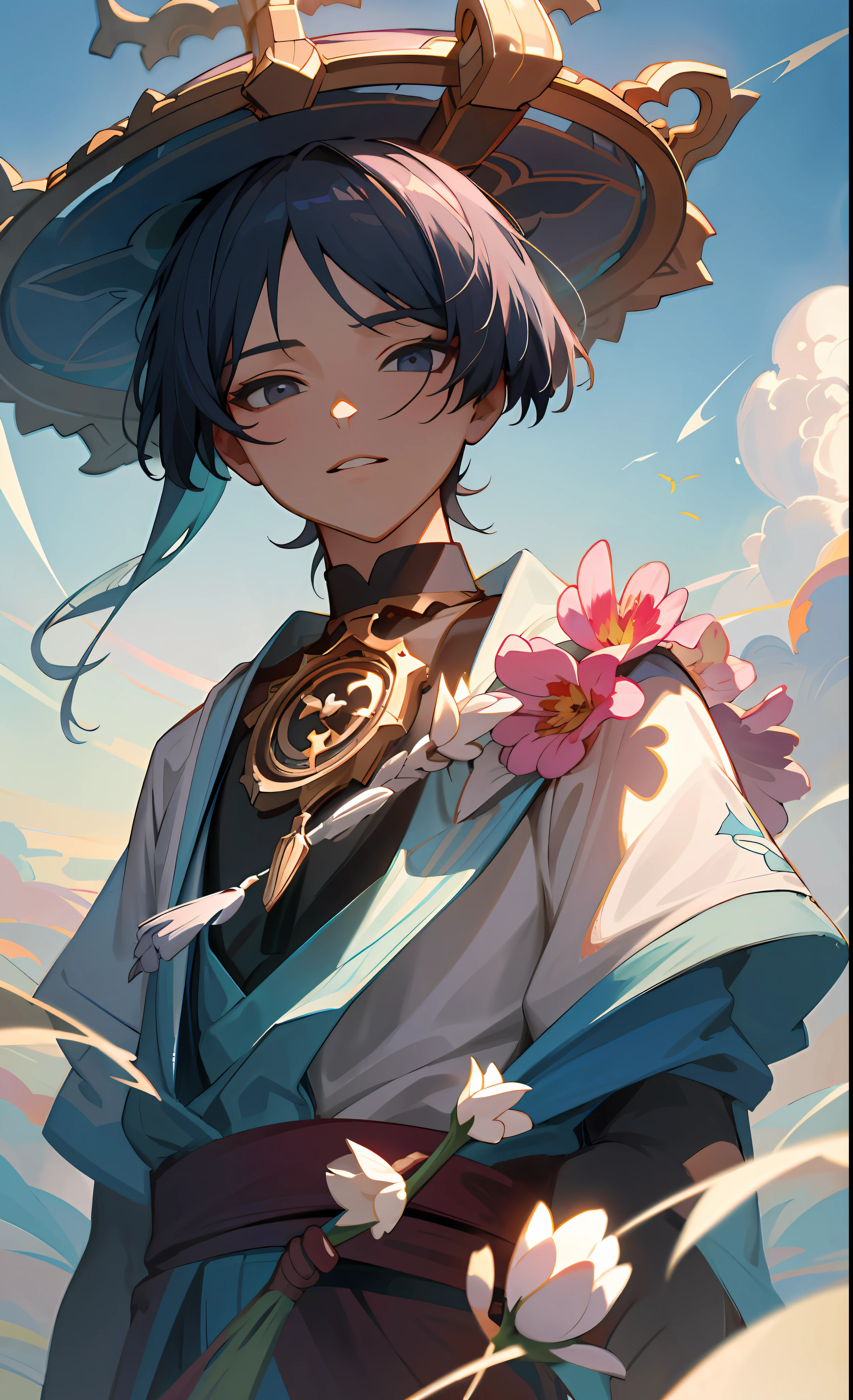(masterpiece), (best quality), (ultra detailed), (Wanderer), front looking, looking at viewer, upper body, flowers, flowing colors, cloudy sky,
