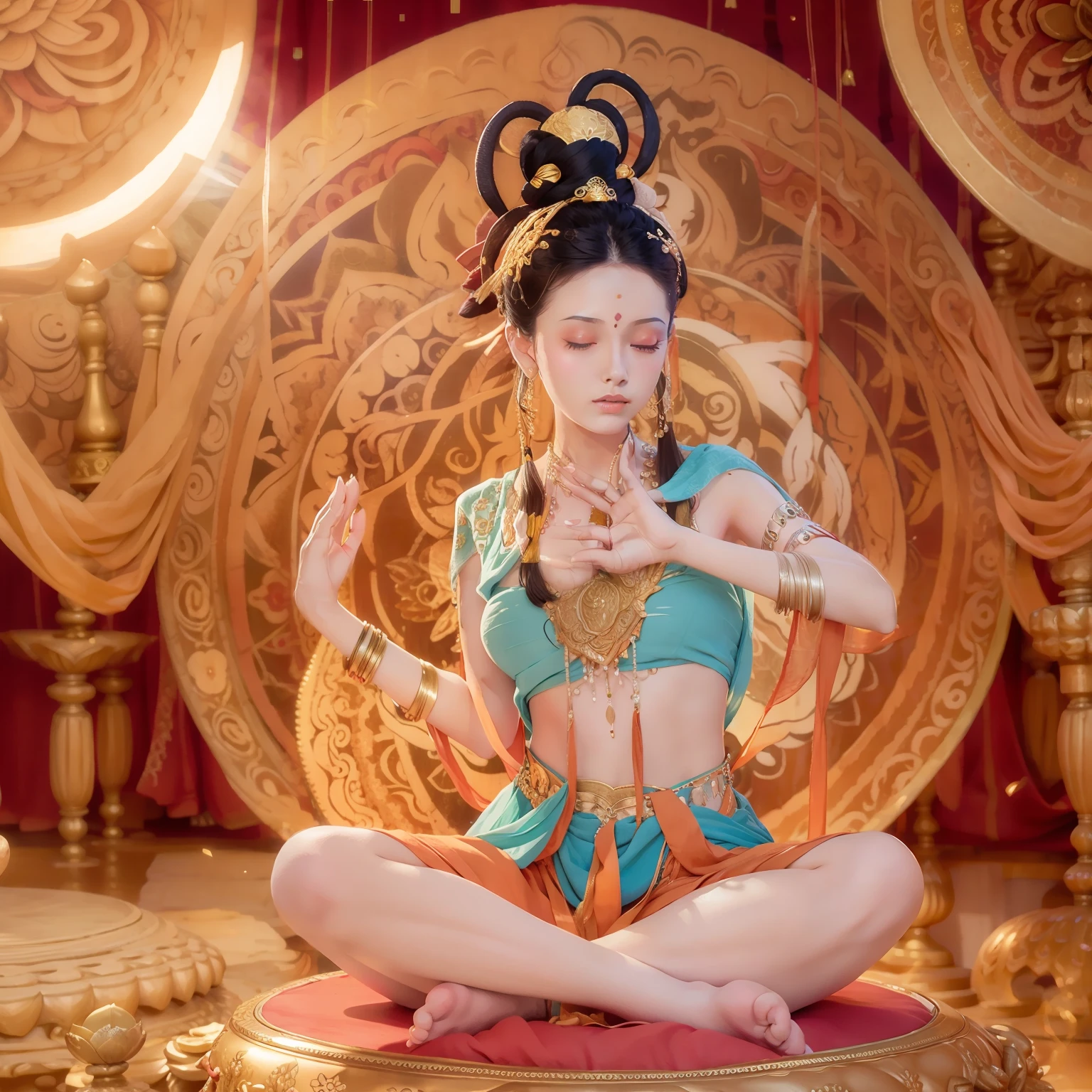 Beautiful girl sitting cross-legged on lotus platform，The other foot is on the small lotus，Fingers pinching the stem of the lotus，Yellow-green fair skin，rosy lips，perfect body figure，Hair with a golden crown，choker necklace，Gold ornaments，Yingluo，sapphires，The background is the sky with an aperture，Unreal sky，ethereal sky，Body glowing background，8K，tmasterpiece，