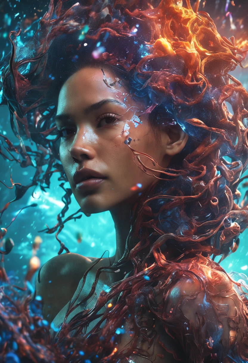 ModelShoot style, (Extremely detailed Cg Unity 8K wallpaper), A chaotic storm of intricate liquid smoke in the head, Stylized beautiful full-length abstract portrait, wetted skin, author:Petros Afshar, ross tran, tom whalen, Peter Mohrbacher, Art germ, Broken glass, ((bubbly underwater scenery)) Radiant light octane rendering is highly detailed