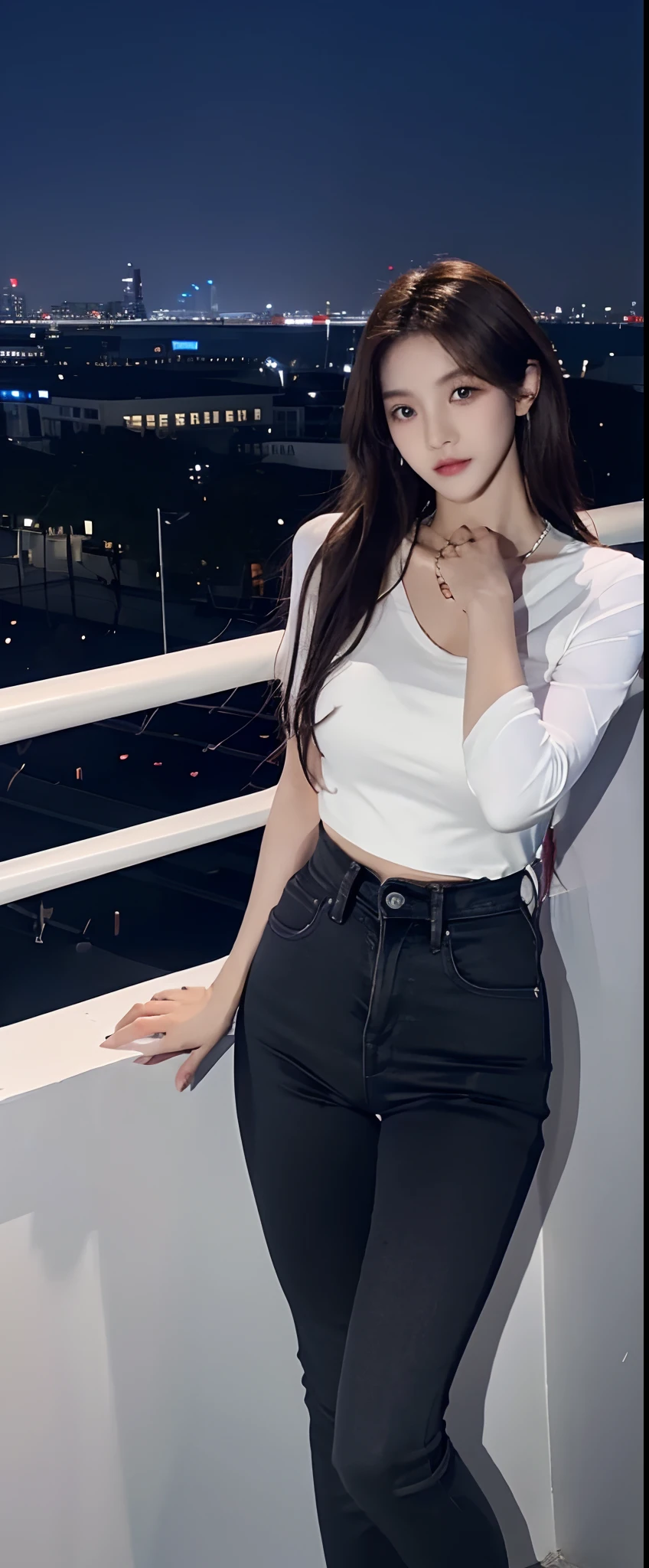 ((Midnight, Best quality, 8k, Masterpiece :1.3)), Whole body, Long legs, Sharp focus :1.2, A pretty woman with perfect figure :1.4, Slender abs :1.1, ((Dark brown hair, Big breasts :1.2)), (White tight tshirt, Jean bib, Standing:1.2), ((Night city view, Rooftop:1.3)), Highly detailed face and skin texture, Detailed eyes, Double eyelid