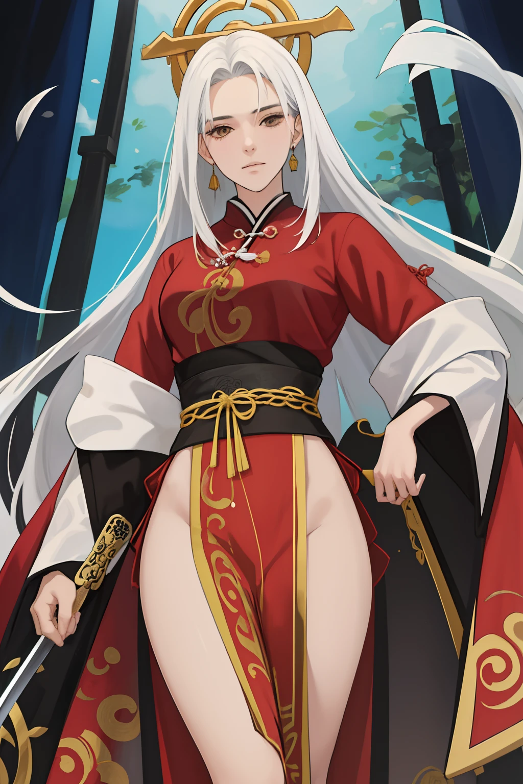 NSFW, obra-prima, melhor qualidade, ultra-detalhado, semi-realista, detailedfacialfeatures, 2 mulher,deidade marcial,Mulher usando roupa ancestral wuxia,cabelos prateados longos,olhos negros,femea raposa,voluptuosa,seios grandes,9caudas,orelhas de raposa,muito bonita e sexy,arrogante,poderosa,standing holding a sharp long sword,ao seu lado duas raposas vermelhas e brancas.