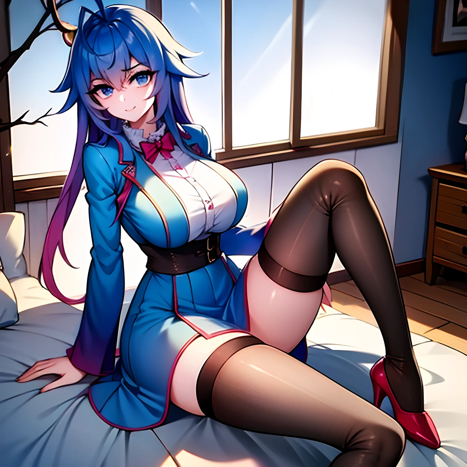 (masterpiece:1.2), mistress, best quality, ultra high res, shiny skin, sexy, fashi-g, mature female, ultra high res, best shadow, best quality, ((1girl, solo)), hair ornament, branch, long hair, huge breasts, smile, looking at viewer, very long hair, long sleeves, blue eyes, blue-pink hair, bangs, short dress, hair between eyes, high boots, full body, on bed