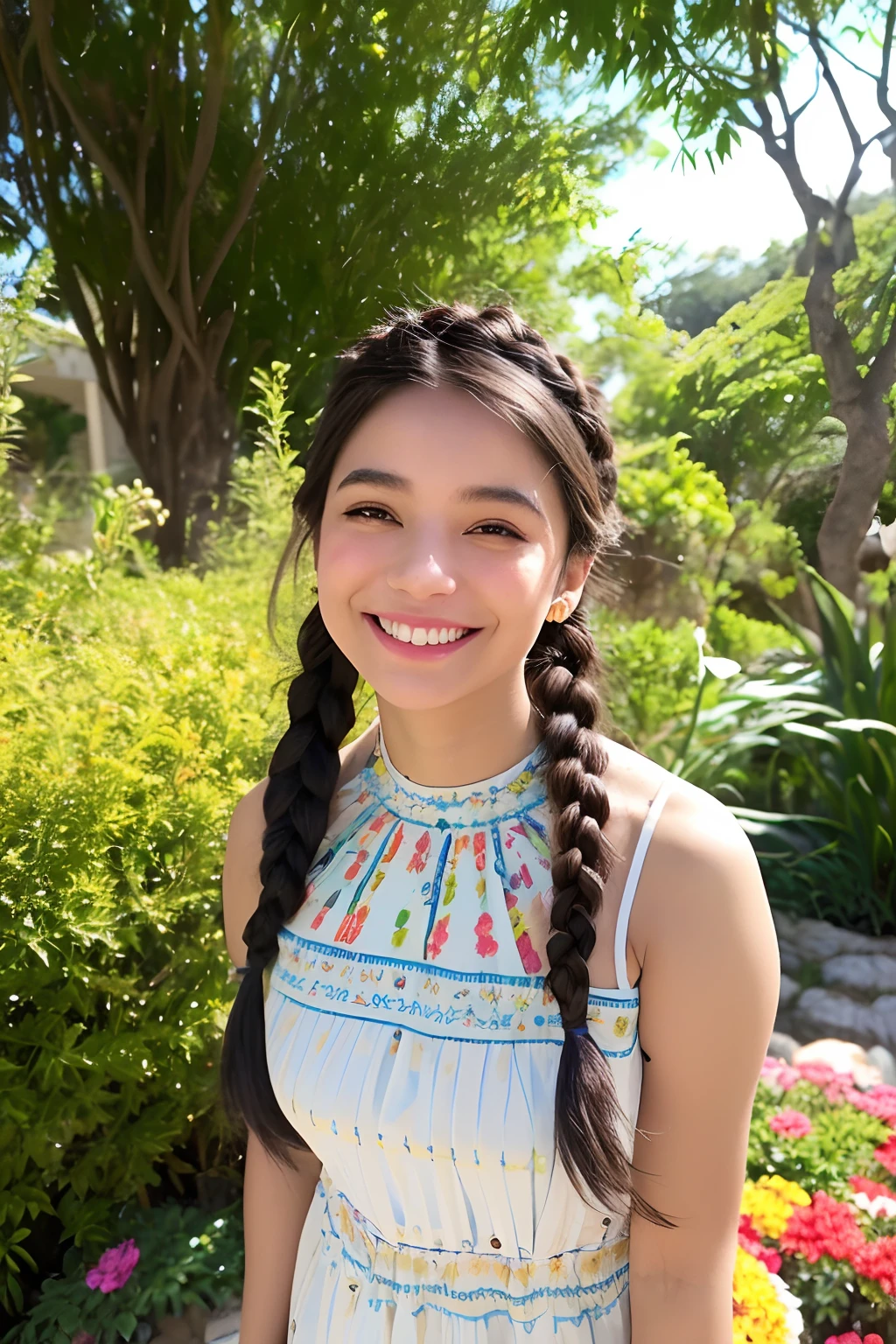 "(uma mulher jovem sorrindo e olhando para o espectador, with French braided hair, vestindo um vestido Halter com flores, destacando o decote, in a landscaped garden, com luz de aro extremamente realista)"destacando seus peitos