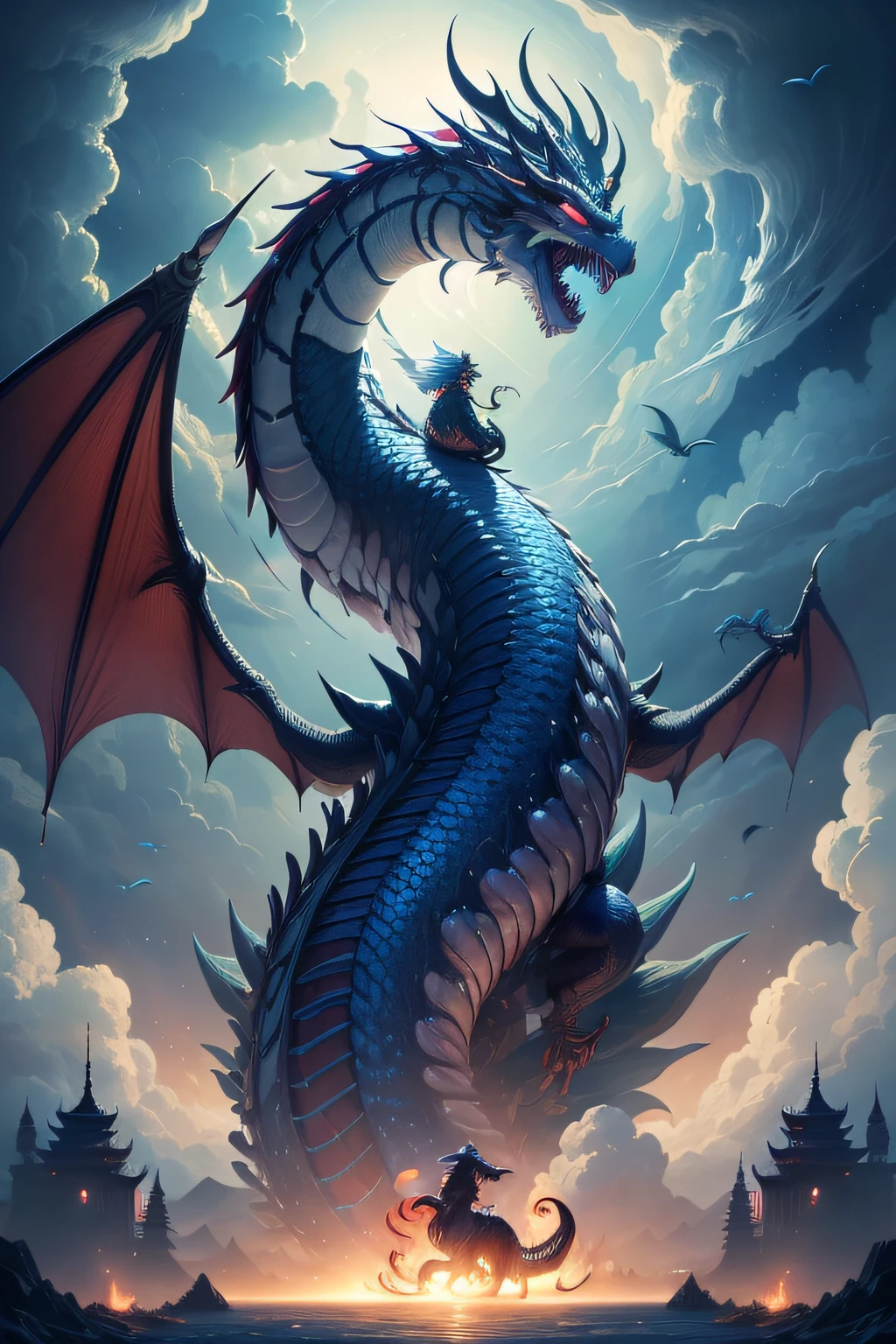 Super high resolution, Chinese Dragon, (length: 1.2), (Fine: 1.2), Long hair, Sharp teeth, Red eyes, teeth, Huge, Bird, En plein air, scales, Clouds, Horns, sky, Open mouth, charging up, Monster, Size difference, White hair, Building, valley, (Realistic texture: 1.2), (Glowing multicolored scales: 1.2), (Realistic details: 1.2), hdr, Ultra-detailed 3D modeling，Such as Tim Burton, Dale Chihuli, Xiaolongcheng, Cyril Rolando and other writers，Such as small. Giger's style paintings are just as magical. Shadows and lighting are intertwined，Create gorgeous results., Fire, Ocean, Dragon, Bird, Cloud, Star \(symbol\), Paper_cut, (White background:1.1), From behind, illustration, Best quality, Masterpiece, (((Masterpiece))), Best quality
