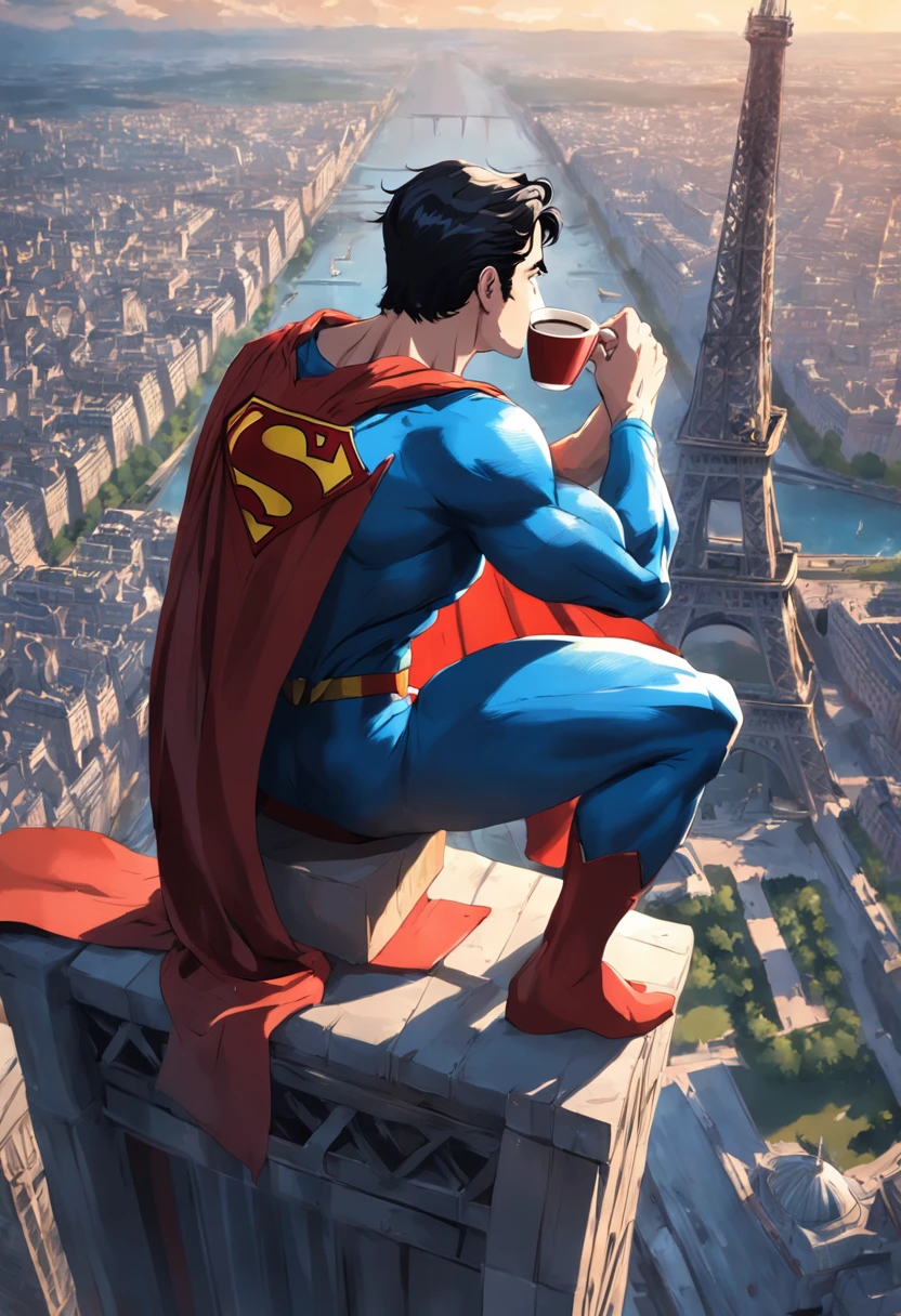 Superman drinking coffee sitting at the top of the Eiffel Tower in the style of hicham habchi
