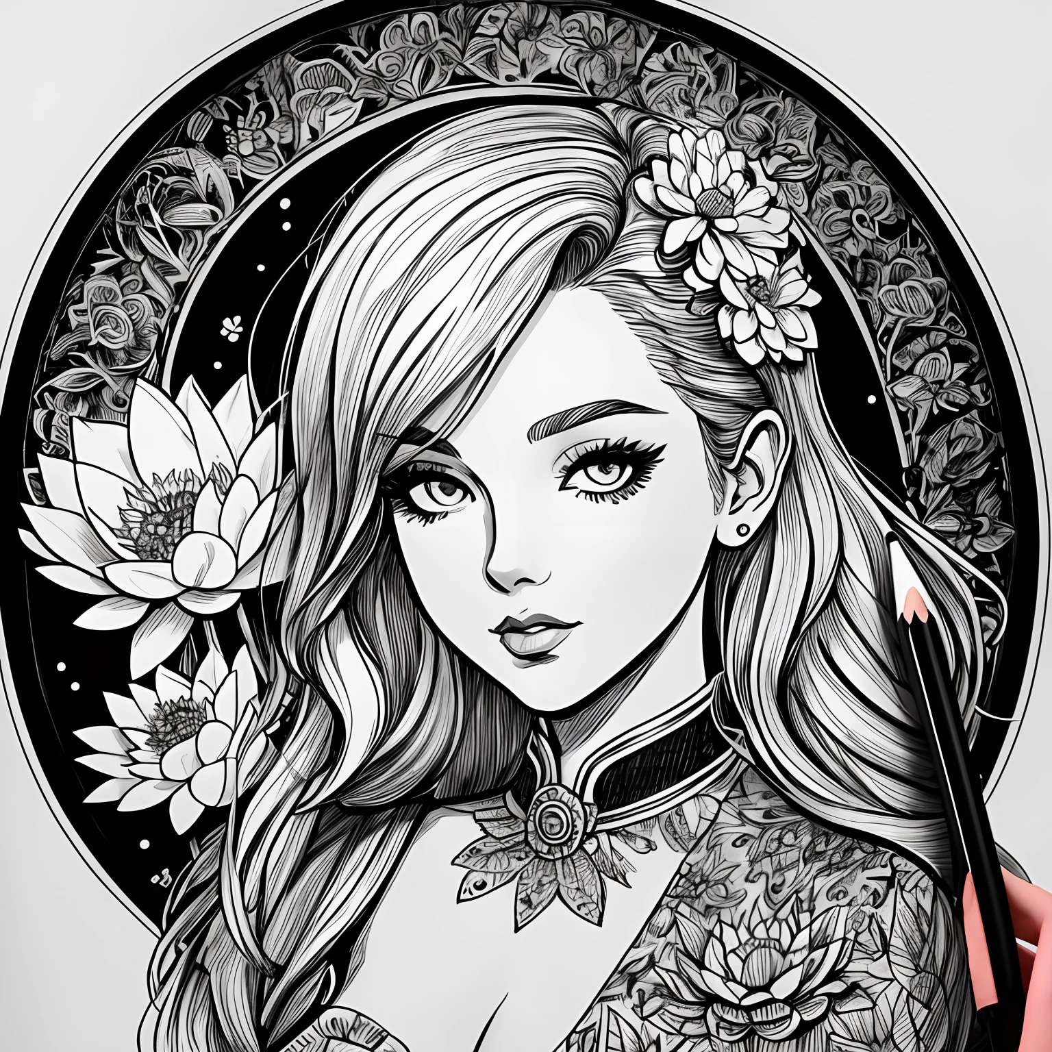 Black and white stick figure girl with lotus flower in background, loli in dress with flowers, its fine ink line art, comic style, portrait of ploynesian girl, Marilyn Munroe, Hollywood glam, beautiful line art, black and white comic style, manga style, manga art style, pencil and ink caricature drawing, black and white coloring --auto --s2