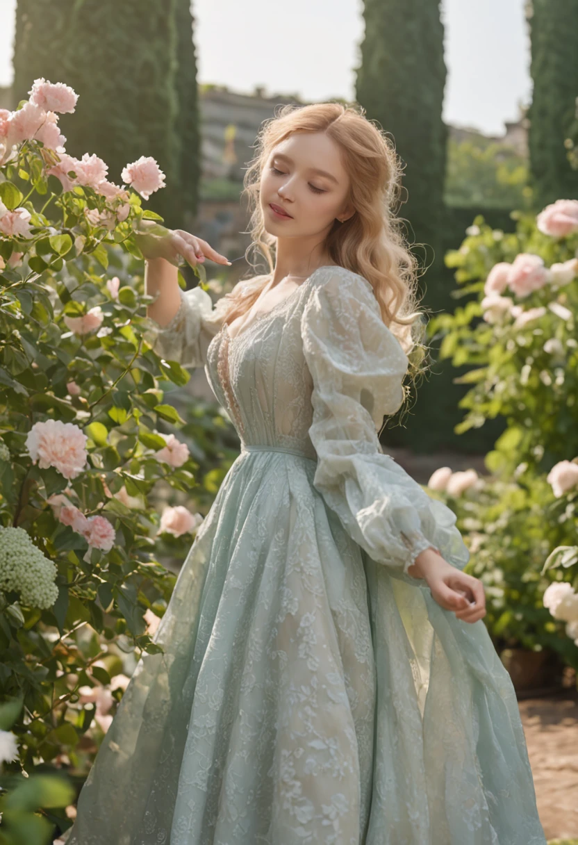 victoriana，Energetic young woman，She has curly blonde hair，Slim posture。She stands in the sunlit garden，looking around a corner。The flowerbeds in full bloom exude an intoxicating fragrance，Colorful butterflies dance among the flowers，It adds life and vitality to the whole scene。

Victoria's eyes were bright and spirited，The smile is full of joy。She wore a long light blue dress，A gentle breeze blows，The gentle fabric flutters in the wind。Her steps are light and elegant，It's like a beating note。

Beside her，Rows of lush green plants and trees，It forms a green landscape。She carefully examines each plant，Gently touch their leaves with gentle hands。She watched every corner of the garden intently，Make sure every plant gets the right amount of light and moisture。

Behind Victoria is an elegant white pavilion，The tables and chairs in the pavilion are placed some painting utensils and a thick picture book。She is a lover of art，Love finding inspiration in such a beautiful setting，Turn your imagination into reality with brushes and paints。

Sunlight shines through the leaves on Victoria，She felt the warm touch，With a smile，It is as if it is one with the whole nature。She exudes confidence and joy，It shows the love of life and the spirit of pursuing beauty。

Victoria in this scene shows her vitality and symbiosis with nature。Her presence makes the whole garden more beautiful and rich，It also brings people a sense of tranquility and joy。