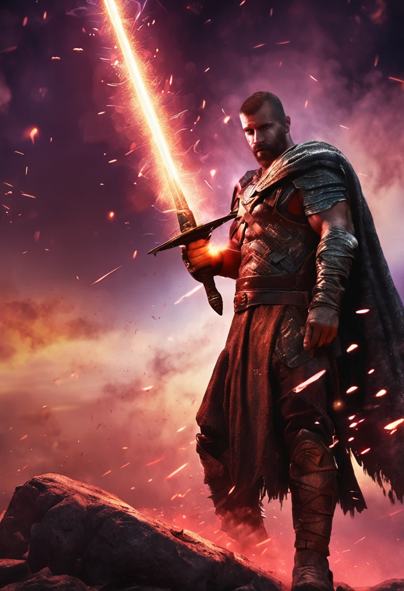 a painting of a man with a bastard sword, 1man, barbarian,  (masterpiece, best quality), particle effects, epic explosion background, vivid, hdr, night time, very detailed, (cell shaded:1.2), ray tracing, total chad