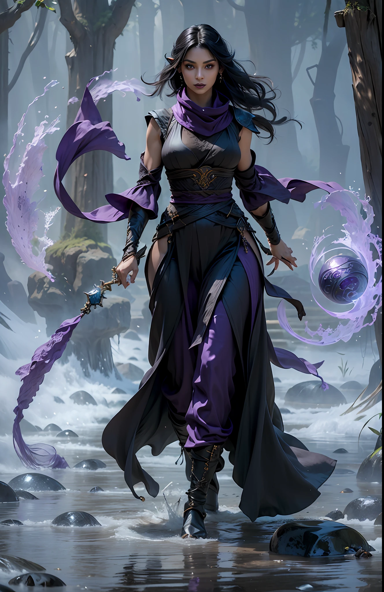 modelshoot style, (extremely detailed CG unity 8k wallpaper), full shot body photo of the most beautiful artwork in the world, beautiful woman, (((vivid purple eyes))), half-elf female wizard, conservatively dressed, modestly dressed, (buttoned up black sleeveless longcoat), (purple sleeves), (tight grey pants), (purple silk scarf), tied back silky shoulder length detailed black hair, (((fully clothed))), (dark gothic makeup), very light brown skin, (enormous breasts), small pointy ears, wide hips, hourglass figure, big booty, beautiful complexion, confident, alluring, gorgeous, Persian, powerful, magical realism, cinematic lighting