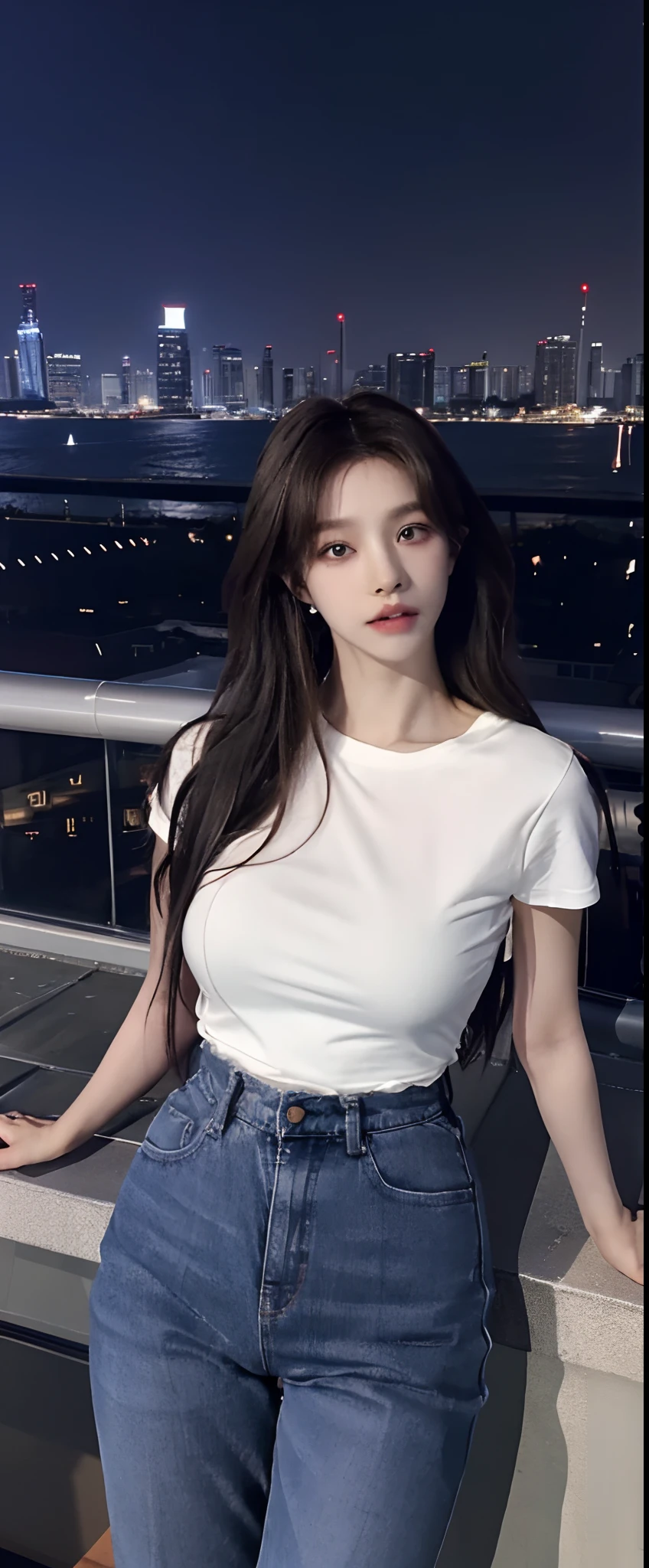 ((Midnight, Best quality, 8k, Masterpiece :1.3)), Whole body, Long legs, Sharp focus :1.2, A pretty woman with perfect figure :1.4, Slender abs :1.1, ((Dark brown hair, Big breasts :1.2)), (White tight tshirt, Jean bib, Standing:1.2), ((Night city view, Rooftop:1.3)), Highly detailed face and skin texture, Detailed eyes, Double eyelid