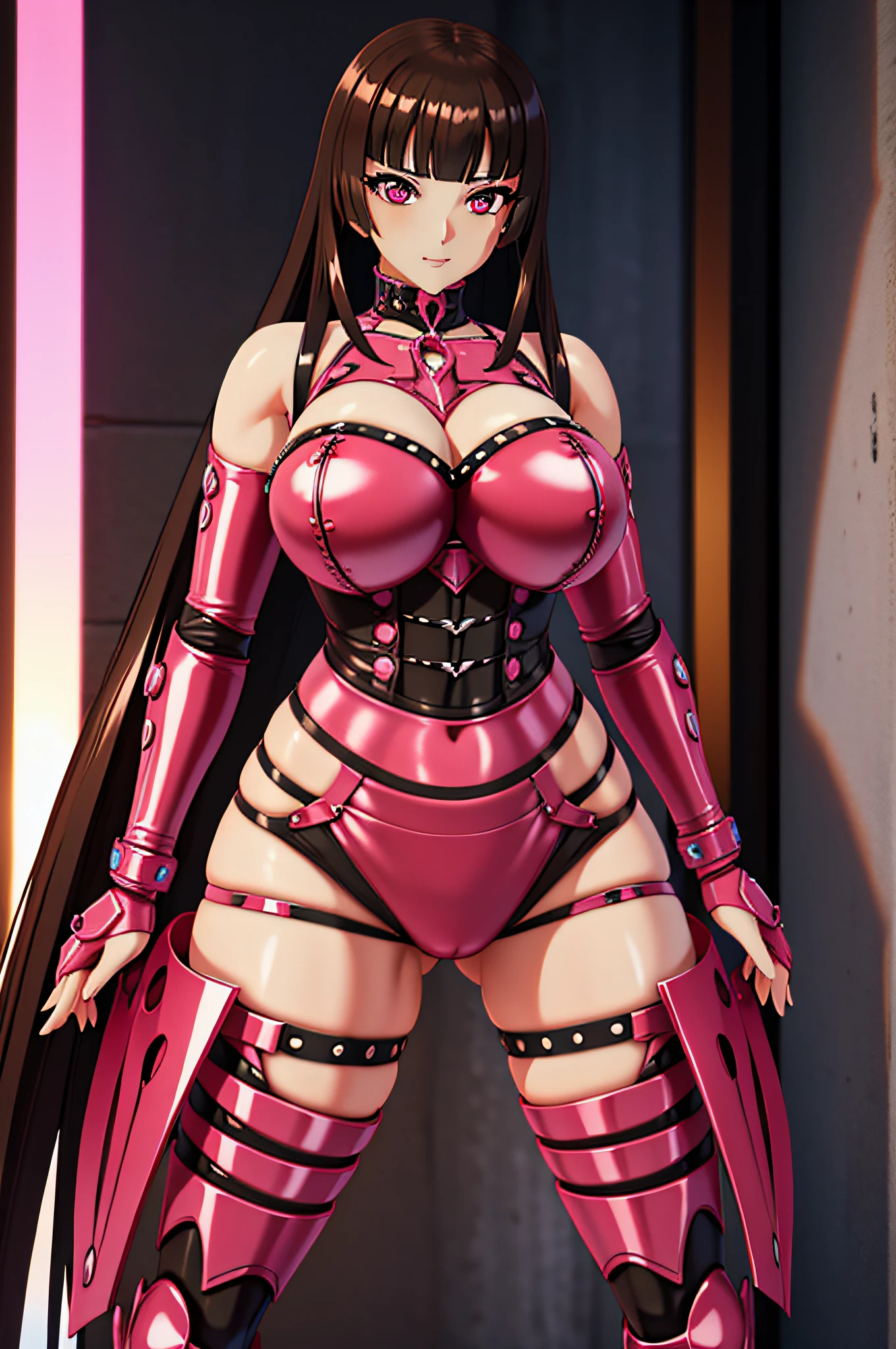 Una mujer con un vestido rosa y medias negras posando, biomechanical oppai, streamlined pink armor, Render de abril, Armadura rosa resbaladiza, Anime estilo 3D, Render de Mirabel Madrigal, Detalles de cuerpo completo, Renderizado de cuerpo completo, Chica anime 3D, Pelo rosa de cola doble y ojos cian, Render de una linda chica de anime 3D