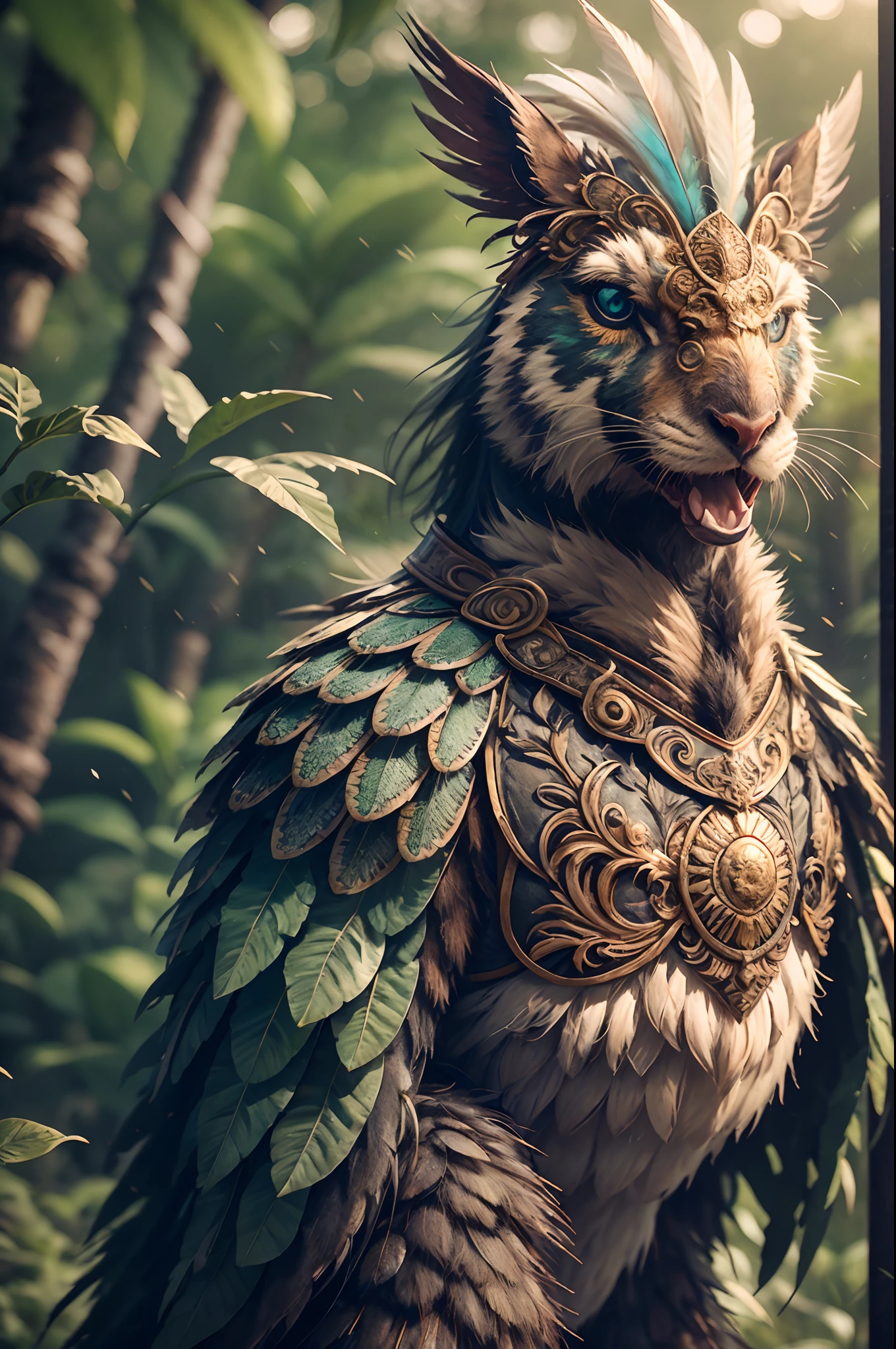 Generate an ultra-realistic image of the Barbenheimer standing against a backdrop of lush, vibrant foliage, capturing every intricate detail of its iridescent plumage and keen, intelligent eyes , hyper realistic, octane render, --auto --s2
