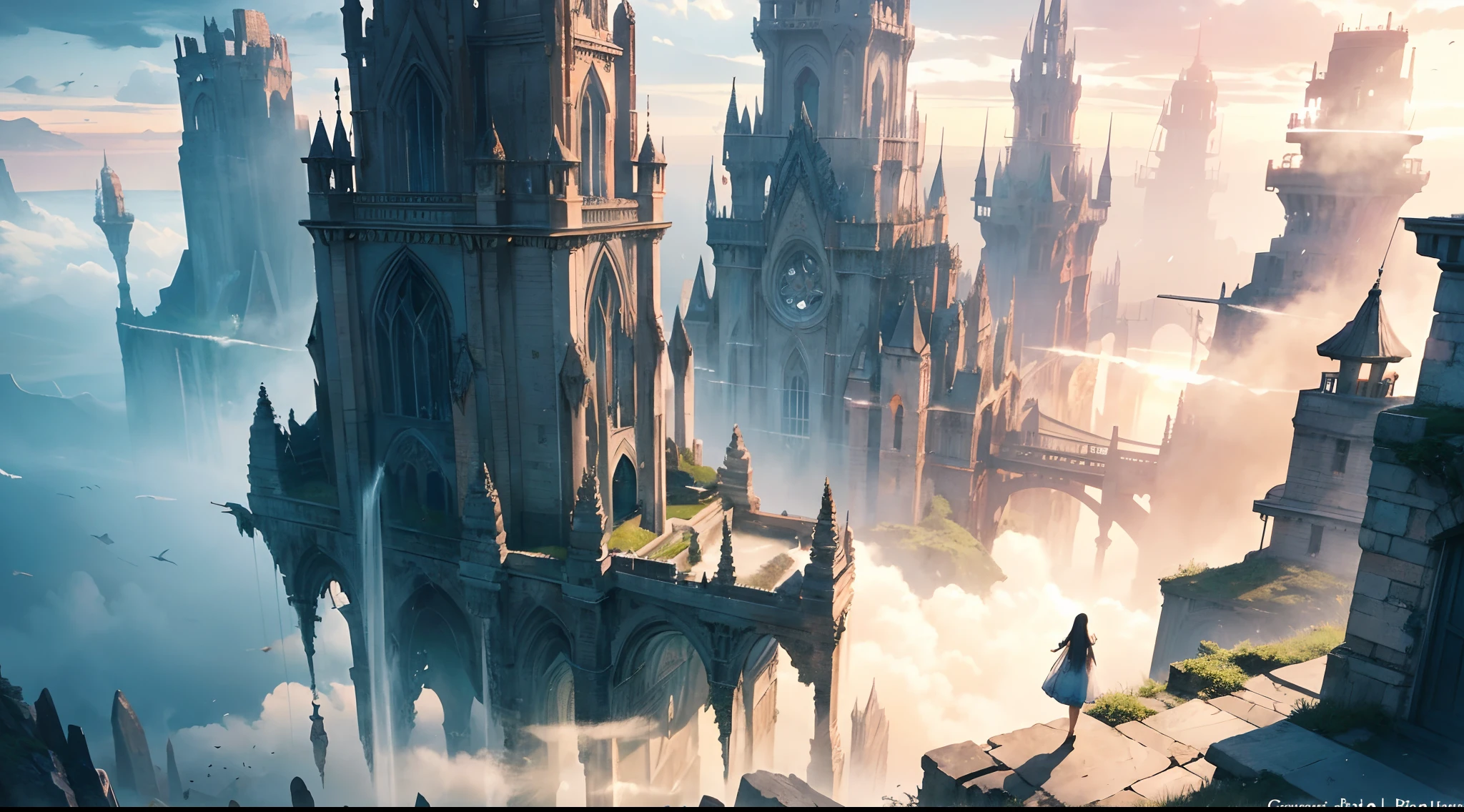 (by Greg Rutkowski: 1.2), (masterpiece), (best quality), extremely delicate and beautiful, illustration, (fantasy landscape), A mesmerizing fantasy landscape with enchanting elements blending seamlessly. (Majestic collapse ruin on the ocean), (almost submerge),  The sky is awash with hues of blue with view clouds. A sense of tranquility and wonder fills the air, inviting exploration and discovery, depth of field, HDR, intricate, delicate