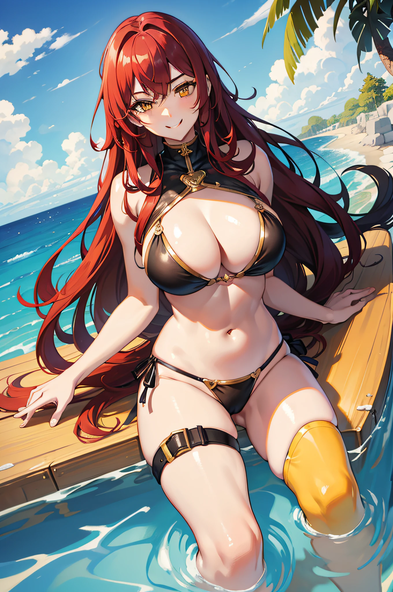 Masterpiece, Best quality, Long hair, Seductive smile, Yellow eyes, Huge breasts, Red hair, Mature female, whistle，Swimming goggles，Black bikini