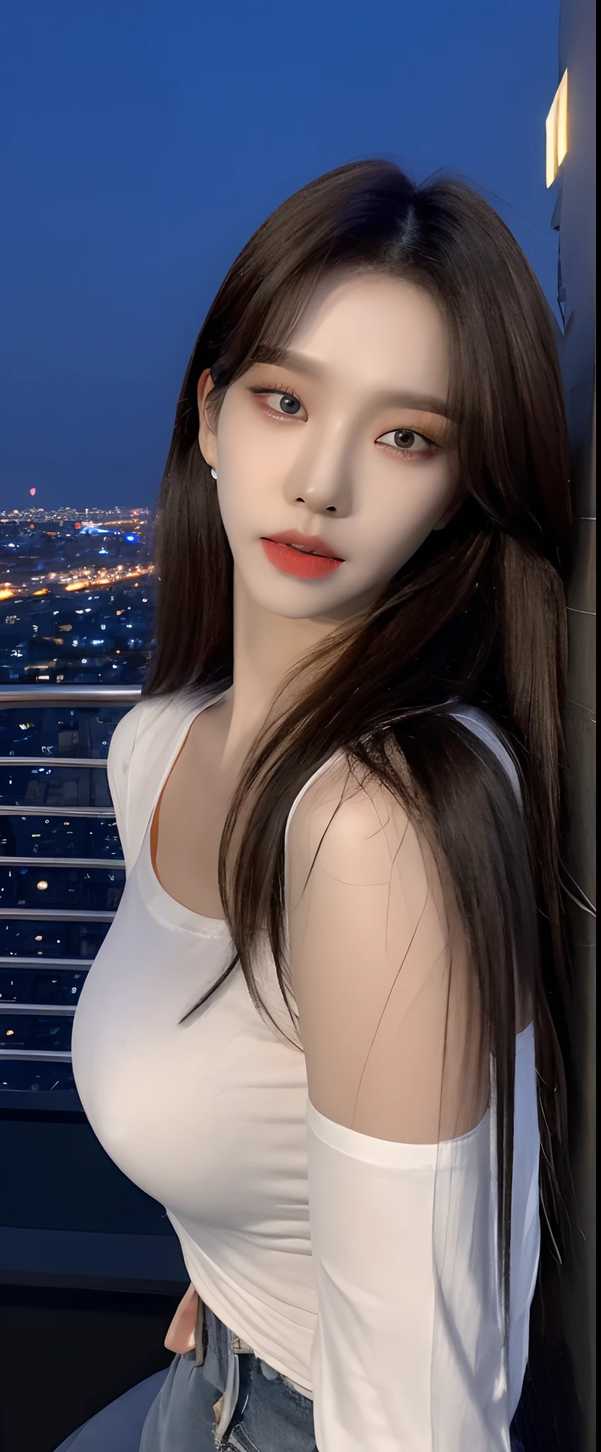 ((Midnight, Best quality, 8k, Masterpiece :1.3)), Whole body, Long legs, Sharp focus :1.2, A pretty woman with perfect figure :1.4, Slender abs :1.1, ((Dark brown hair, Big breasts :1.2)), (White tight tshirt, Jean bib, Standing:1.2), ((Night city view, Rooftop:1.3)), Highly detailed face and skin texture, Detailed eyes, Double eyelid
