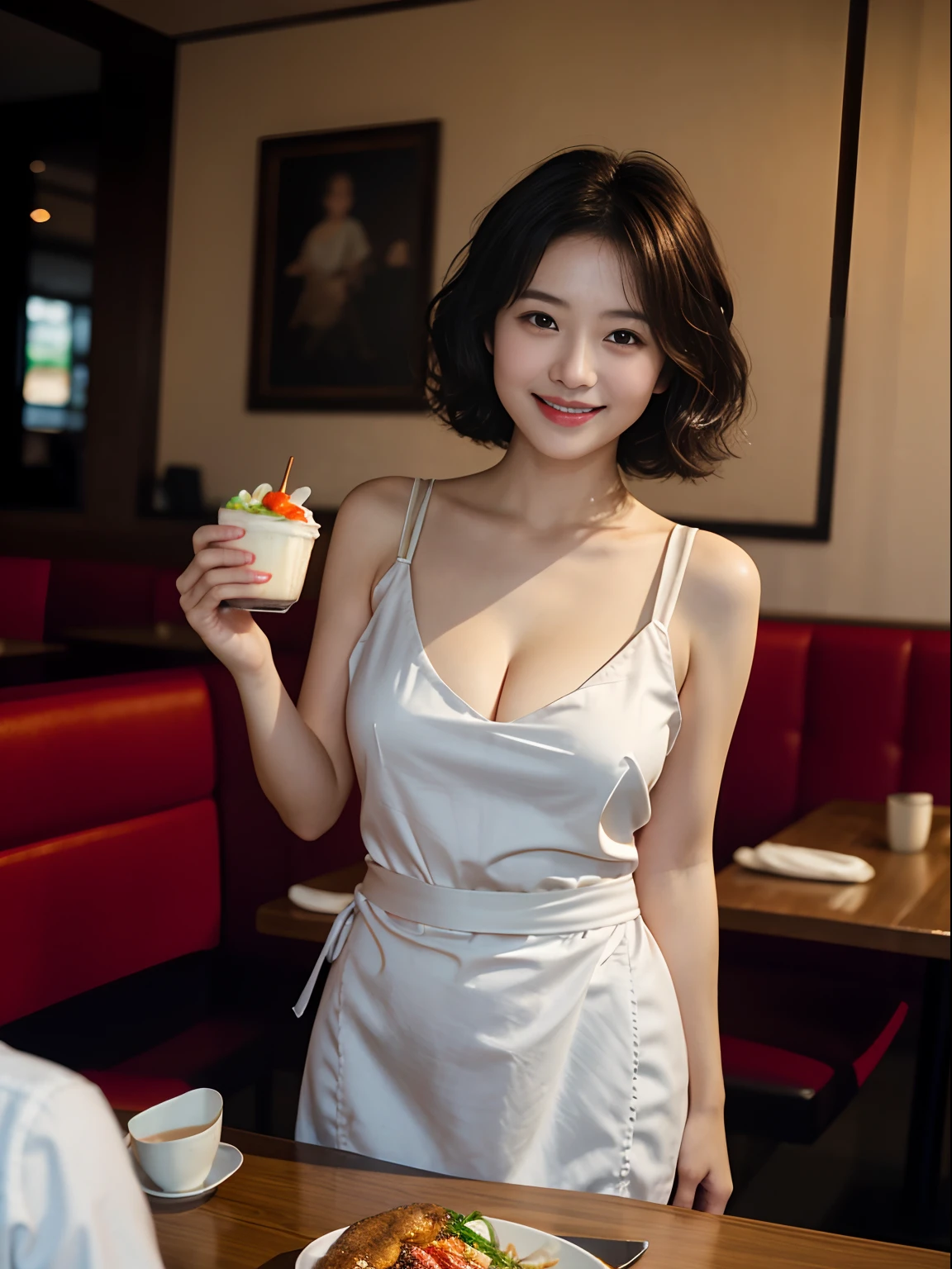 1 waitress、A smile、The food served in the restaurant、barechested、Wear only a silk apron、morningglow,canon 6d,real photograph,detail-rich((cleavage))、Short curly hair