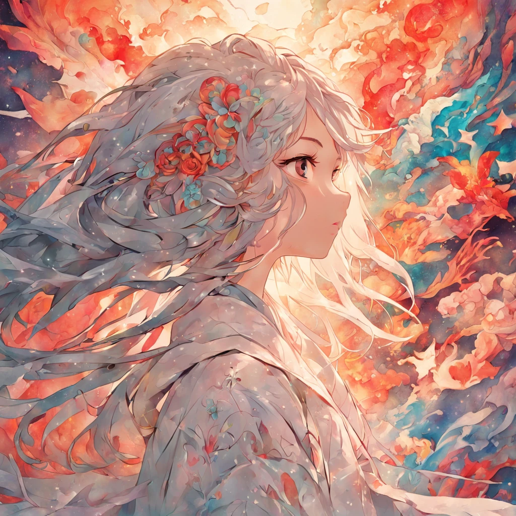 (White background:1.4),(Silhouette of a girl's head, Eyes closed, colorfull long hair, Oriental elements),(Chinese illustration:1.3,paper art:1.3, Quilted paper art:1.2),( reasonable design, Clear lines, High sharpness,Best quality, Very detailed, Masterpiece, movie light effect, 4K )