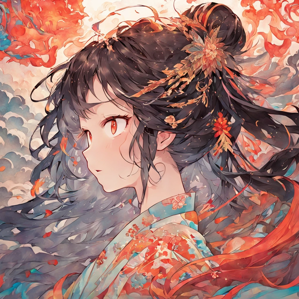 (White background:1.4),(Silhouette of a girl's head, Eyes closed, colorfull long hair, Oriental elements),(Chinese illustration:1.3,paper art:1.3, Quilted paper art:1.2),( reasonable design, Clear lines, High sharpness,Best quality, Very detailed, Masterpiece, movie light effect, 4K )