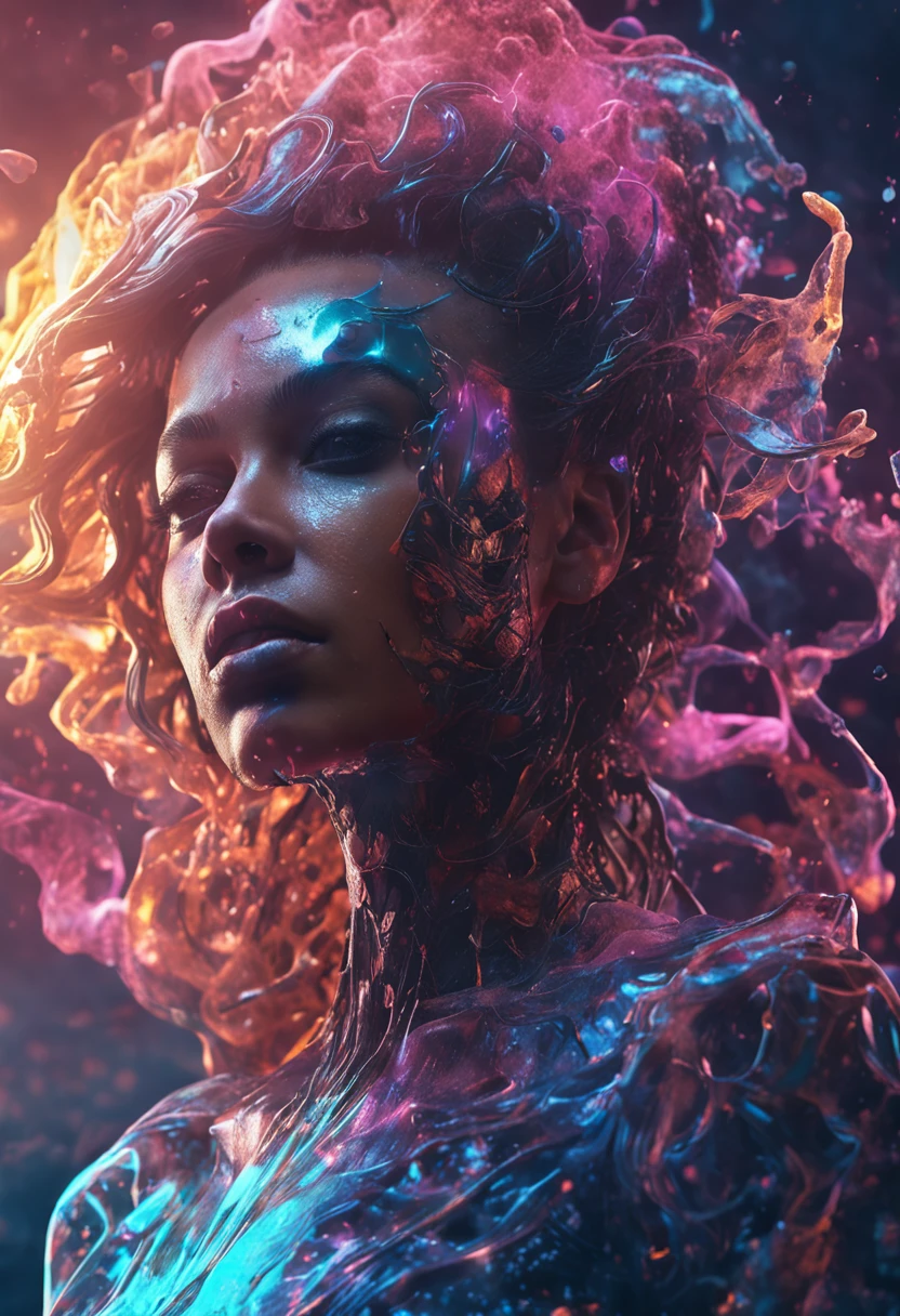 ModelShoot style, (Extremely detailed Cg Unity 8K wallpaper), A chaotic storm of intricate liquid smoke in the head, Stylized beautiful full-length abstract portrait, wetted skin, author：Petros Afshar, ross tran, tom whalen, Peter Mohrbacher, Art germ, Broken glass, ((bubbly underwater scenery)) Radiant light octane rendering is highly detailed