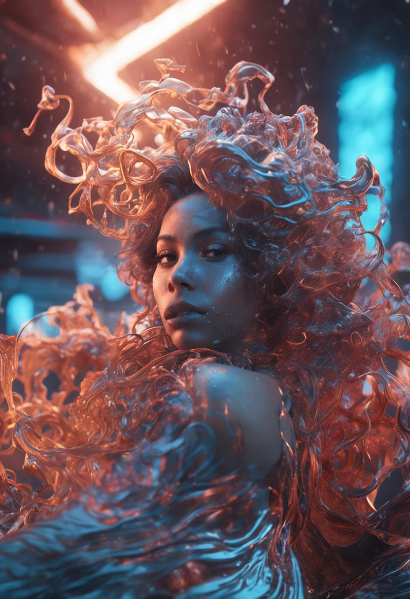 ModelShoot style, (Extremely detailed Cg Unity 8K wallpaper), A chaotic storm of intricate liquid smoke in the head, Stylized beautiful full-length abstract portrait, wetted skin, author:Petros Afshar, ross tran, tom whalen, Peter Mohrbacher, Art germ, Broken glass, ((bubbly underwater scenery)) Radiant light octane rendering is highly detailed