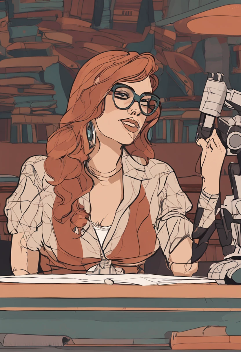 mulher arafed, ruiva, com rosto scarlett johansson, muito sexy, sitting at a table with a ruler in her hand, em uma sala de aula, wearing goggles, pernas elegantes, pernas longas e finas, coxas e saia, pernas longas, pernas muito bonitas e finas, pernas longas muito bonitas, sentada em uma mesa, roupas de professora, pernas bonitas, bons quadris e pernas longas, pernas bonitas, uma professora hiper-realista, decote amostra, seios fartos, round breasts in front