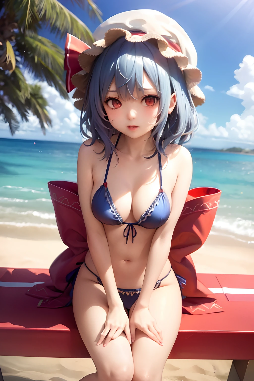 ​masterpiece、top-quality、1girl in、Blue ruffled bikini、Mob Hut、Medium hair with blue hair、red blush、the bow、ascot、wingspan、Sea and sandy beach background、(nffsw:0.8)、Colossal tits、A slender、remilia scarlet、full body seen