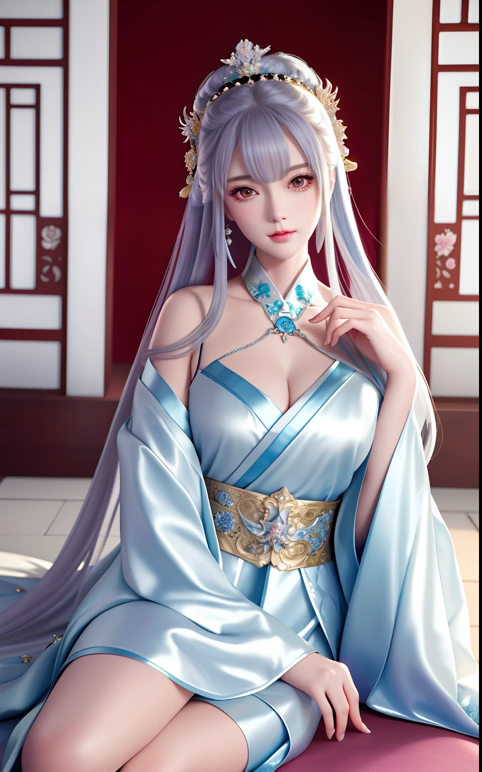 Close-up of a woman in a silver python robe sitting on a bed, a beautiful fantasy empress, Anime goddess, beautiful and seductive anime woman, ((a beautiful fantasy empress)), Palace , A girl in Hanfu, Japanese goddess, Beautiful goddess, China Princess, Extremely detailed Artgerm, by Yang J, beautiful fantasy maiden, seductive anime girls, Chinese girl