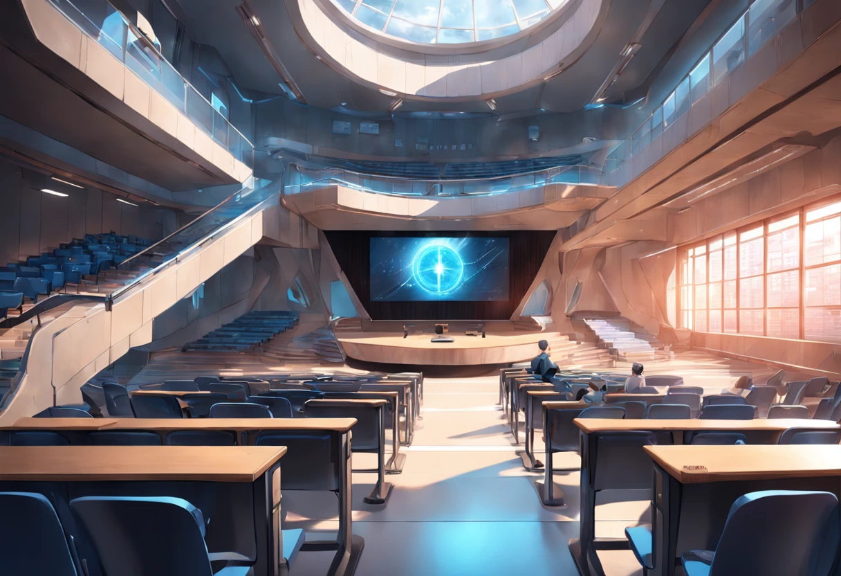 "(Futuristic college classroom)(Superhero) with a futuristic college lecture hall, school desk, stairs, and a screen."