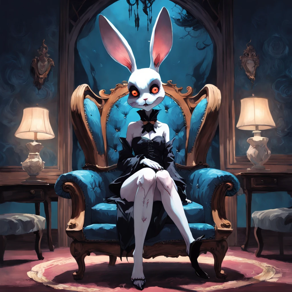 Rabbit in top hat sitting on chair, In the style of a nightmare creature. In the style of Adrian Geny, by Esao Andrews, Jenny Saville, Edward Hopper, surrealism, Dark Art by James Jean, Takato Yamamoto, Minimalism of ink punk. in style of tim burton. In Addams Family Style. In style Corpse Bride.