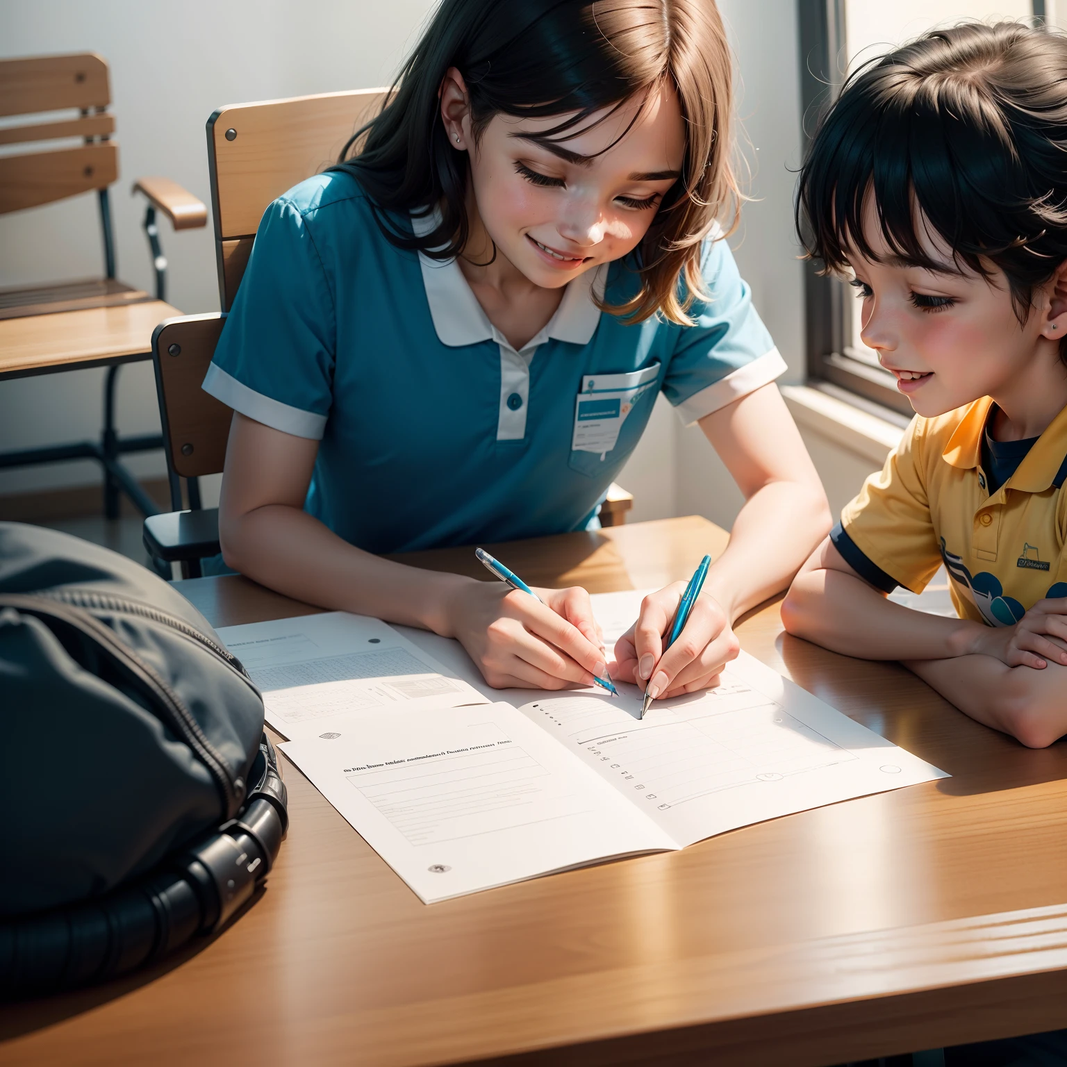 Imagine a lighted therapeutic office environment, com cores suaves e uma atmosfera acolhedora. No centro da sala, There is a table with puzzles and learning materials. Um terapeuta, usando um distintivo uniforme, is sitting in a chair next to the table, smiling warmly at a child, who is sitting in front of you.

the child, com entusiasmo, is involved in a puzzle activity. The therapist is closely watching the child's actions and taking notes on a notepad. As the child completes parts of the puzzle successfully, The therapist offers enthusiastic praise and positive reinforcement, como aplausos ou adesivos, para incentivar o comportamento desejado.