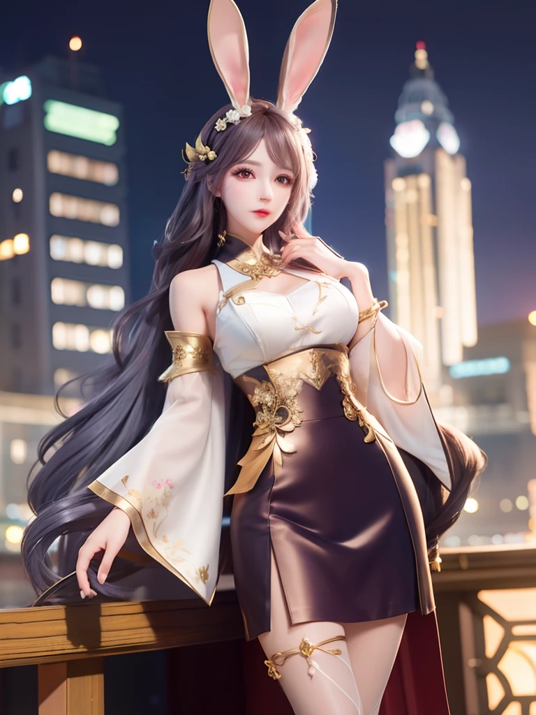 1girl,mature female, looking at viewer, cityscape, night, hair ornament, long hair, fake animal ears, skirt,shirt,clothing cutout, rabbit ears, detached sleeves,