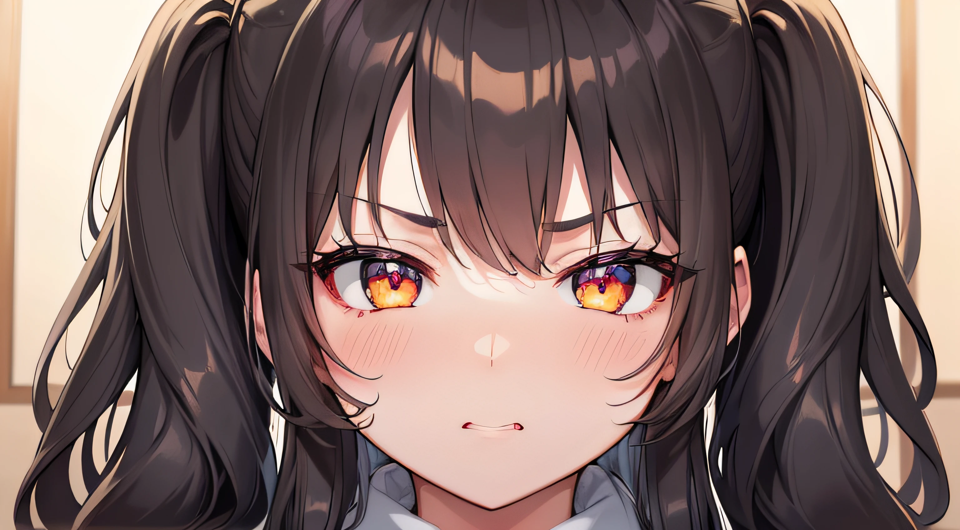 (Masterpiece), 1girl, petite, voluptuous, smug face, angry, blushing, short black curly twin tails hair, golden eyes, wearing white unbuttoned long sleeve, pink bra, black short skirt, looking at viewer, 8k_wallpaper, highly detailed eyes, body detail very tall, very detailed fingers, (digital artwork), (detailed manga illustration), (detailed line art), (perfect)) anatomy, best hand)), (intricate detail: 1.3), (very detailed: 1.3 ), (illustration :1.3 ), (sharp focus:1.3), (natural light:1.05), (bright color:1.3),