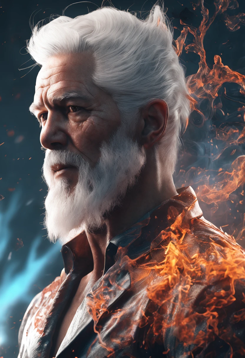 A handsome man with white hair who looks Asian,Bare upper body,ultra-realistic realism,ModelShoot style, (Extremely detailed Cg Unity 8K wallpaper), A chaotic storm of intricate liquid smoke in the head, Stylized beautiful full-length abstract portrait, wetted skin, author:Petros Afshar, ross tran, tom whalen, Peter Mohrbacher, Art germ, Broken glass, ((bubbly underwater scenery)) Radiant light octane rendering is highly detailed