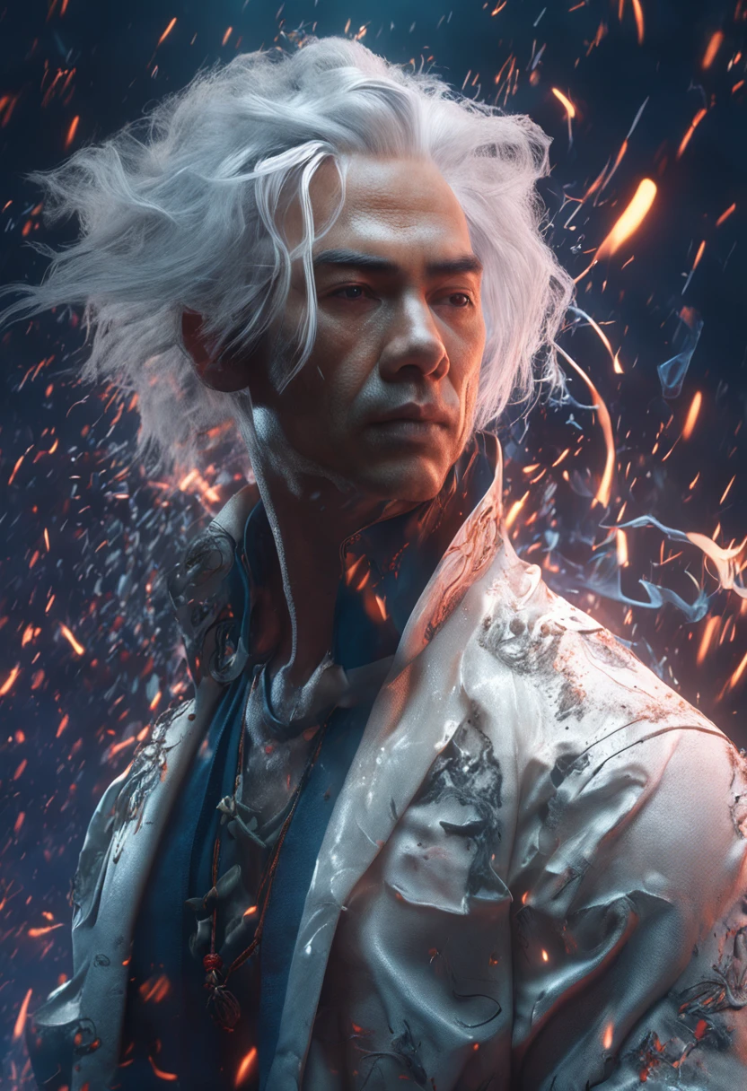 A handsome man with white hair who looks Asian,Bare upper body,ultra-realistic realism,ModelShoot style, (Extremely detailed Cg Unity 8K wallpaper), A chaotic storm of intricate liquid smoke in the head, Stylized beautiful full-length abstract portrait, wetted skin, author:Petros Afshar, ross tran, tom whalen, Peter Mohrbacher, Art germ, Broken glass, ((bubbly underwater scenery)) Radiant light octane rendering is highly detailed