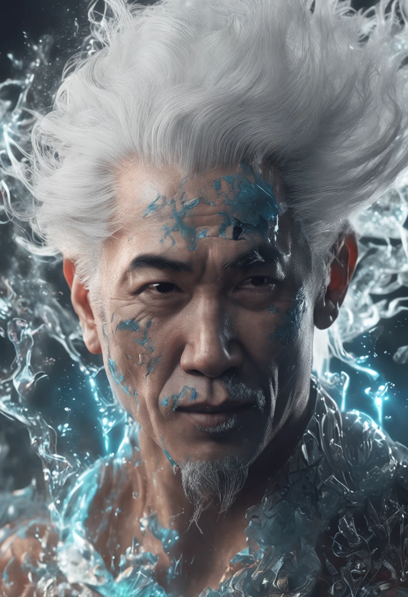 A handsome man with white hair who looks Asian,Bare upper body,ultra-realistic realism,ModelShoot style, (Extremely detailed Cg Unity 8K wallpaper), A chaotic storm of intricate liquid smoke in the head, Stylized beautiful full-length abstract portrait, wetted skin, author:Petros Afshar, ross tran, tom whalen, Peter Mohrbacher, Art germ, Broken glass, ((bubbly underwater scenery)) Radiant light octane rendering is highly detailed