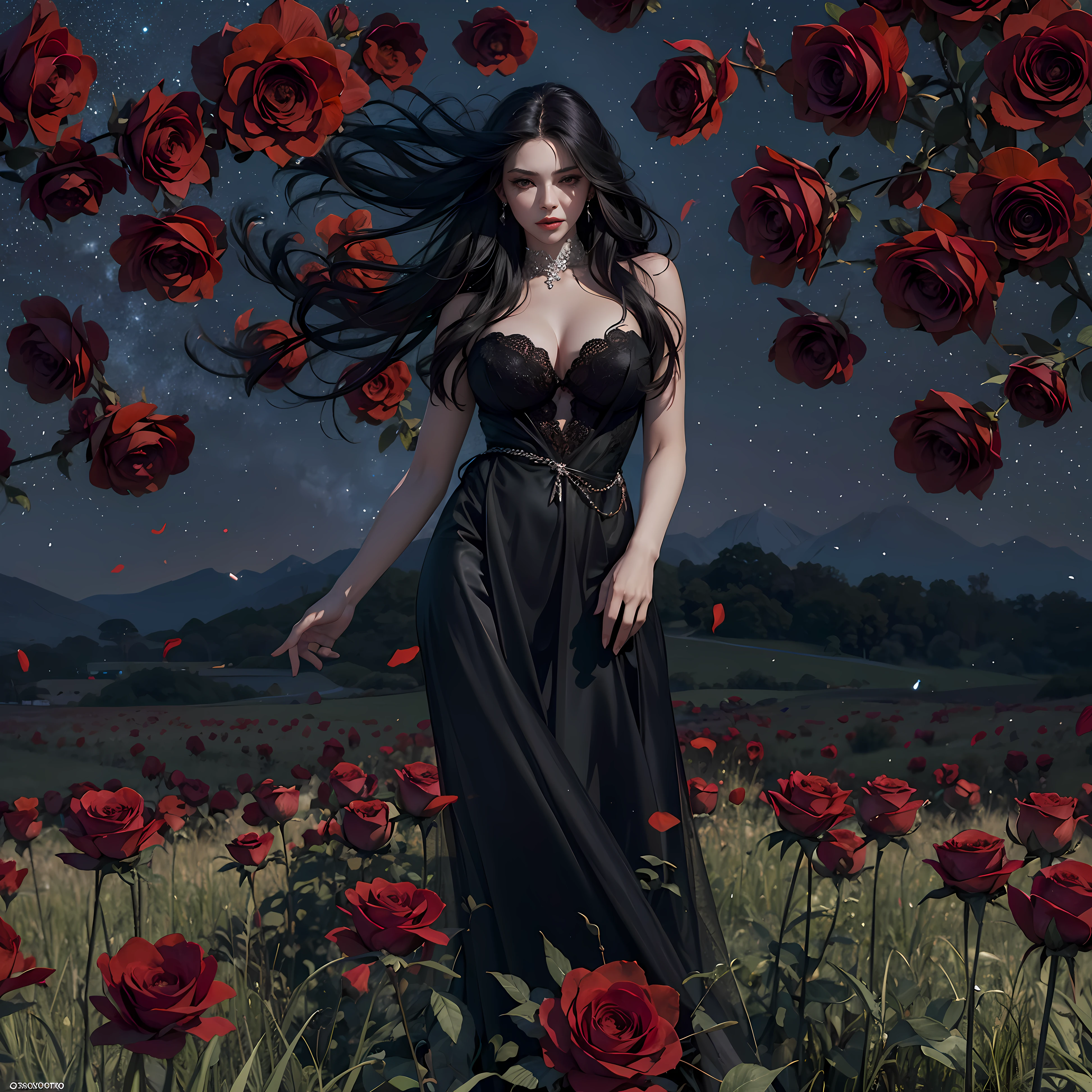 action film,8k, melhor qualidade, Poses elegantes,Senhora das Sombras, Beautiful woman, grandes olhos negros, olhar triste, scarlet lips, pale skin, long black hair fluttering in the wind, vestido escuro com renda barroca, Elegant black gloves on the hands, joias elegantes em roupas e cabelos, Standing in the field of red roses, noite, night sky, lua brilhante enorme, luar frio, attention to detail, alta qualidade, master part , Ultra Dealhados, pele realista