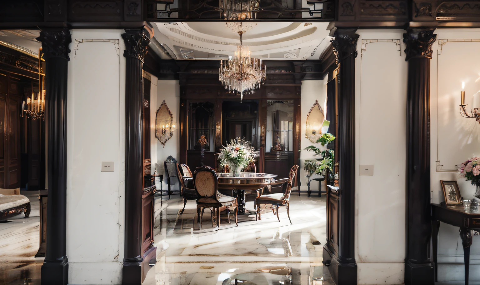 As you step into the dining room, you find yourself in a palatial atmosphere. The marble floor and fireplace radiate a sense of grandeur, while the tall plaster ceiling showcases opulent chandeliers and exquisite wooden ceiling designs. The carved dining table and chairs exude luxury, and silk curtains and delicate tableware display fine taste. Victorian-style oil paintings and golden decorations hanging on the walls fill the entire space with a sense of palatial luxury.