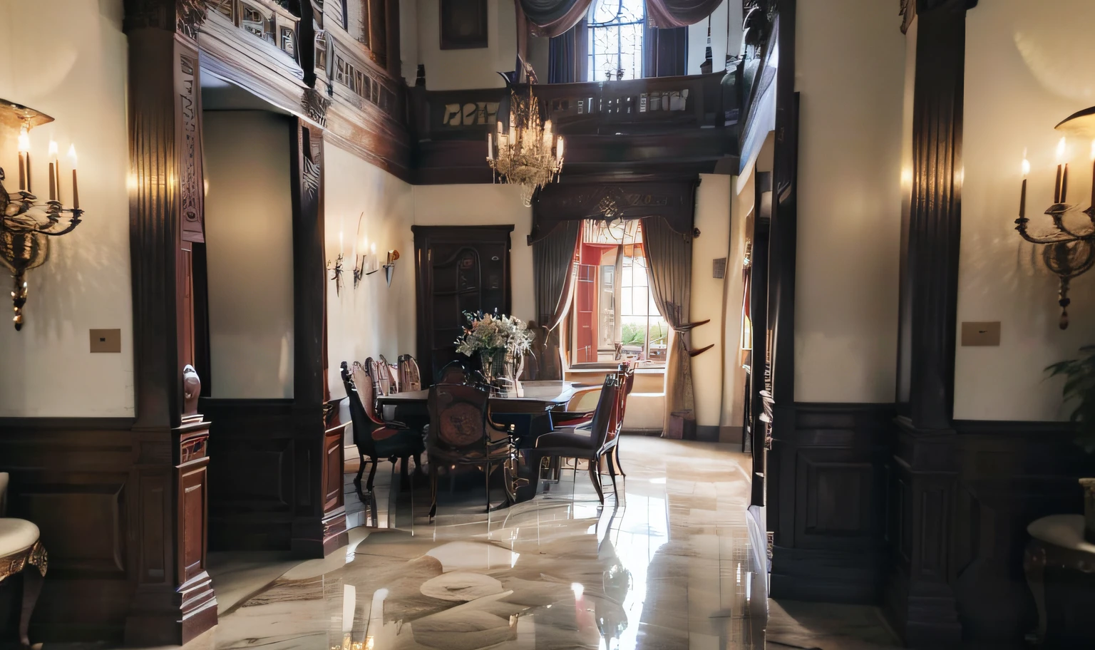 As you step into the dining room, you find yourself in a palatial atmosphere. The marble floor and fireplace radiate a sense of grandeur, while the tall plaster ceiling showcases opulent chandeliers and exquisite wooden ceiling designs. The carved dining table and chairs exude luxury, and silk curtains and delicate tableware display fine taste. Victorian-style oil paintings and golden decorations hanging on the walls fill the entire space with a sense of palatial luxury.