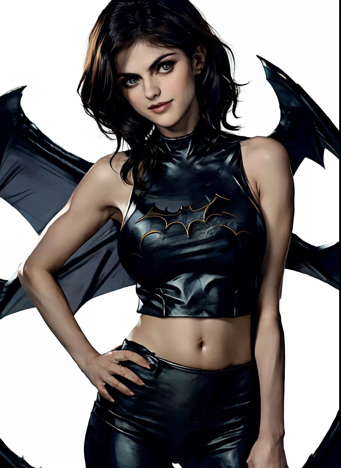 (obra-prima, melhor qualidade), 1girl, solo, Alexandra Daddario, batgirl terno, cabelo preto, olhos castanhos, sorriso, ((seios muito gigantes)), bat wing, voando com a capa aberta
akihabara, dos mortos, noite, de cima, Standing roof, centro de jogos,