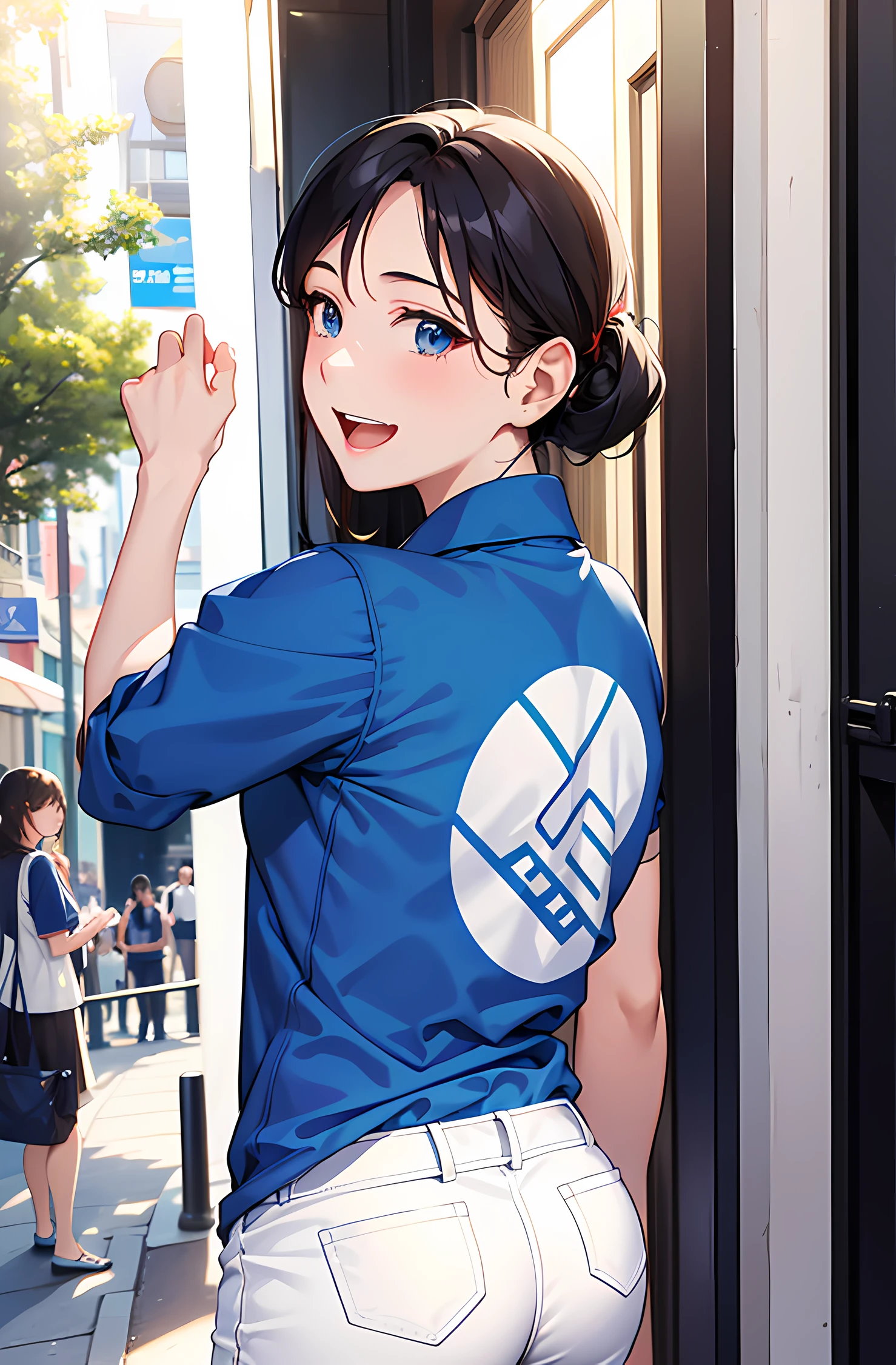 masuter piece, 独奏, Turn around、facing back、Beautiful woman looking back、Blue polo shirt, Beautiful girl with a refreshing smile, Blue polo shirt, Beautiful sunlight, Fine expression, dynamic ungle, Beautuful Women, Background in the city, Stand up straight,animesque、clench one's fist、Nice、Good Hands