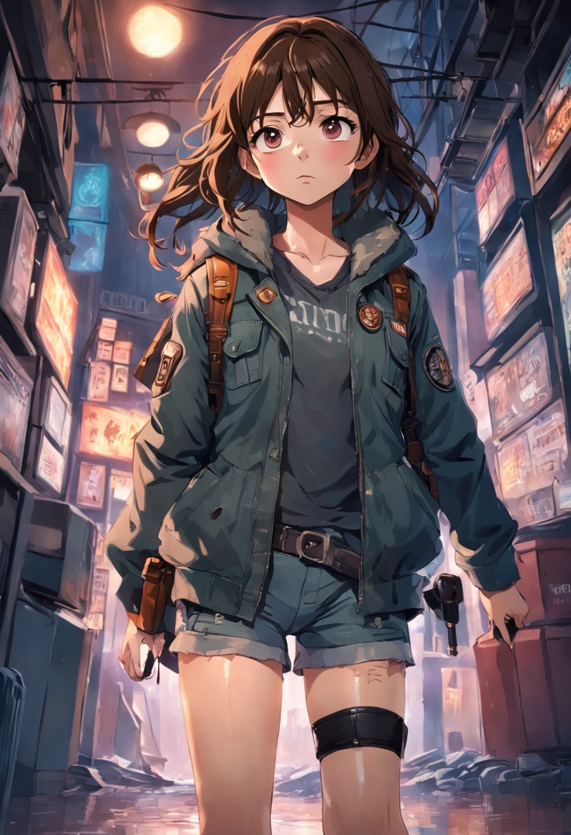 Mia:
Idade: 22 anos
Cor de pele: Morena clara
Textura de cabelo: Brown hair wavy to the shoulders
Eye color: Castanho escuro
Vestimenta: Jaqueta de couro preta, ripped jeans and heavy boots
Equipment: He held a tactical flashlight and had a backpack with paranormal recording and detection equipment
Local: At the entrance to Blackwood Manor, ela estava nervosa, mas determinada, with an expression of curiosity mixed with apprehension.