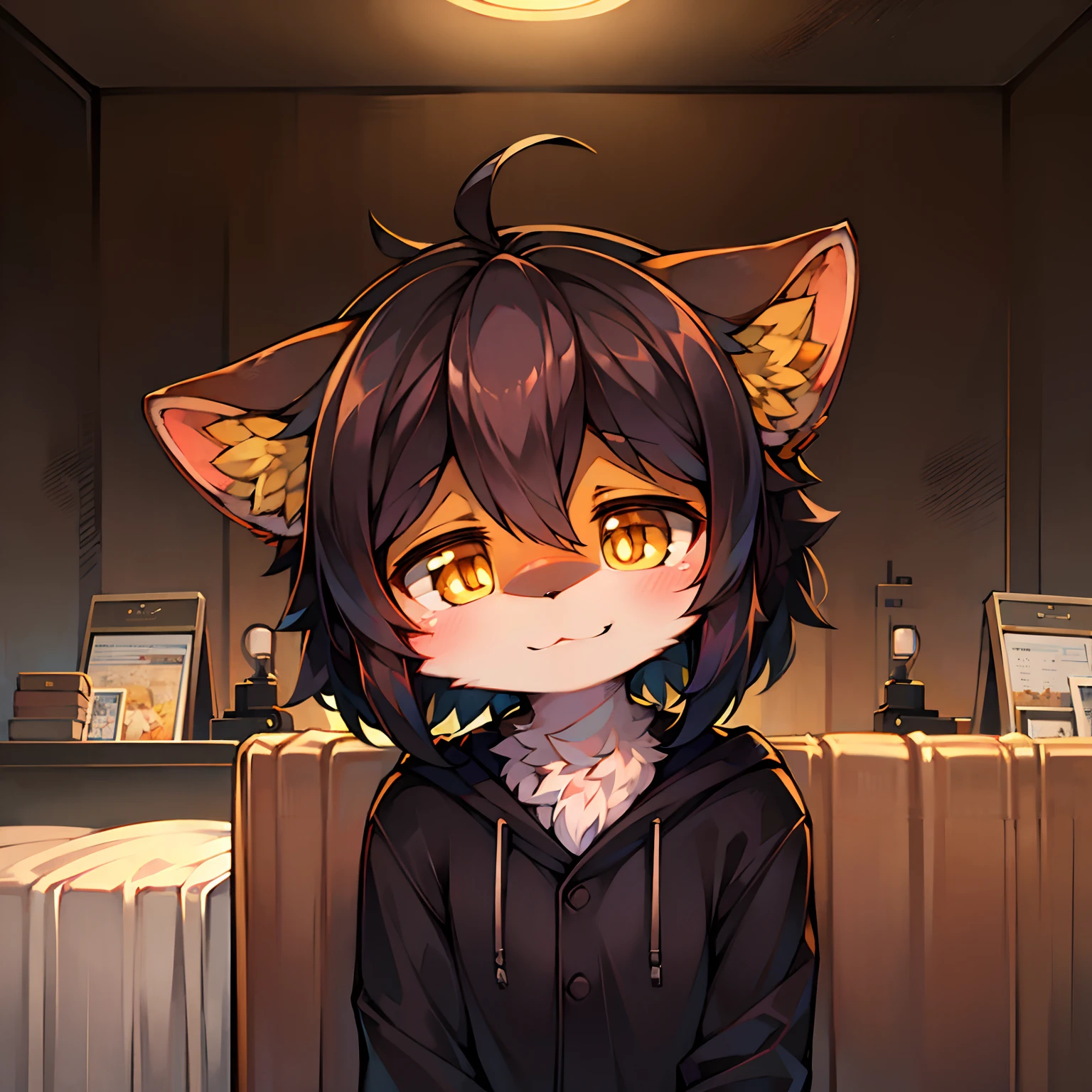 (in high definition with HD texture，High quality production line)with black curled hair+(Orange-yellow pupils)，bedroom background，Black pajamas，Furry appearance，Cute sleepy-eyed，Desire to fall asleep，Playful expression。