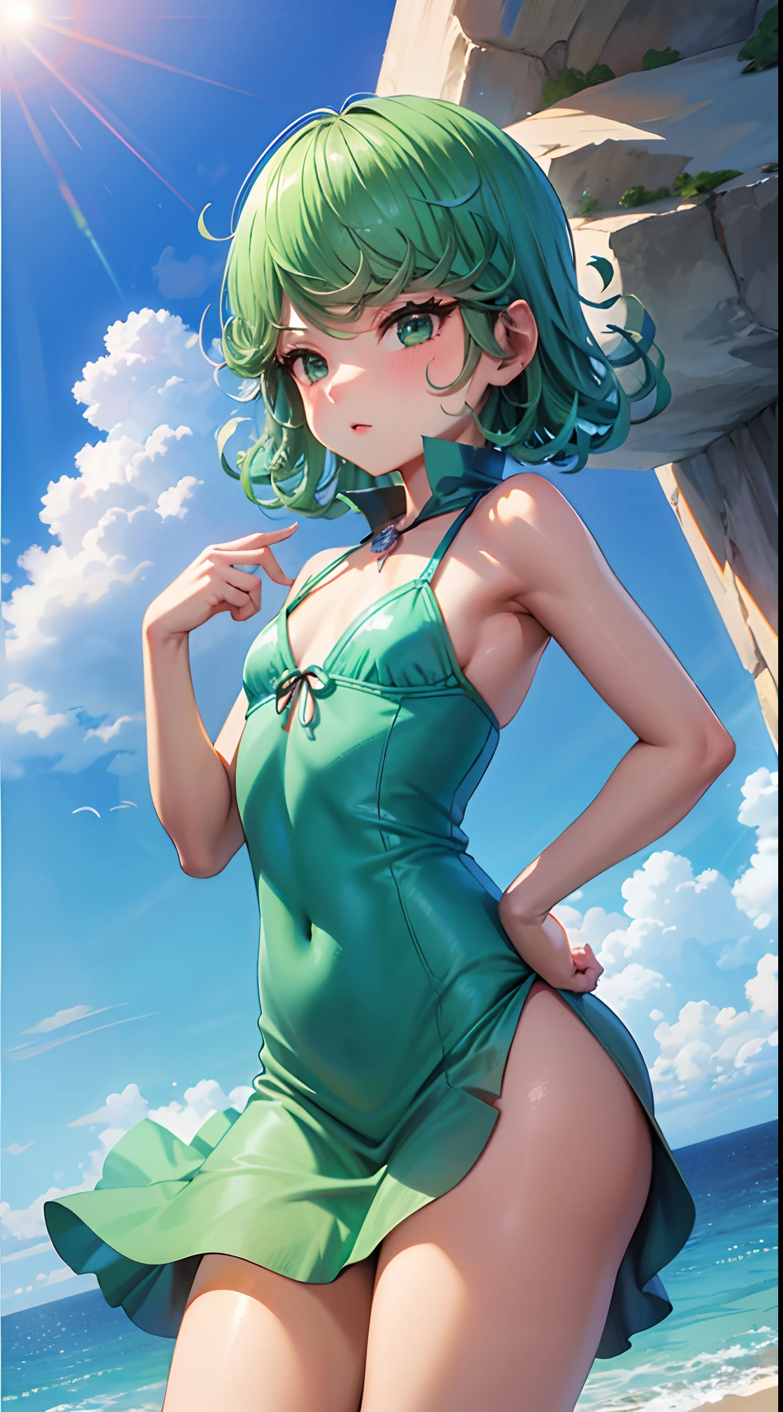 (obra-prima, melhor qualidade: 1.2), tiro de cowboy, solo, , 1girl, tatsumaki, luxurioso, boca fechada, blush, decote, olhando para o espectador, bunda, quadris largos, vestido preto apertado, blue skies, nuvens, erotic, paisagem linda, melhor qualidade, 8k