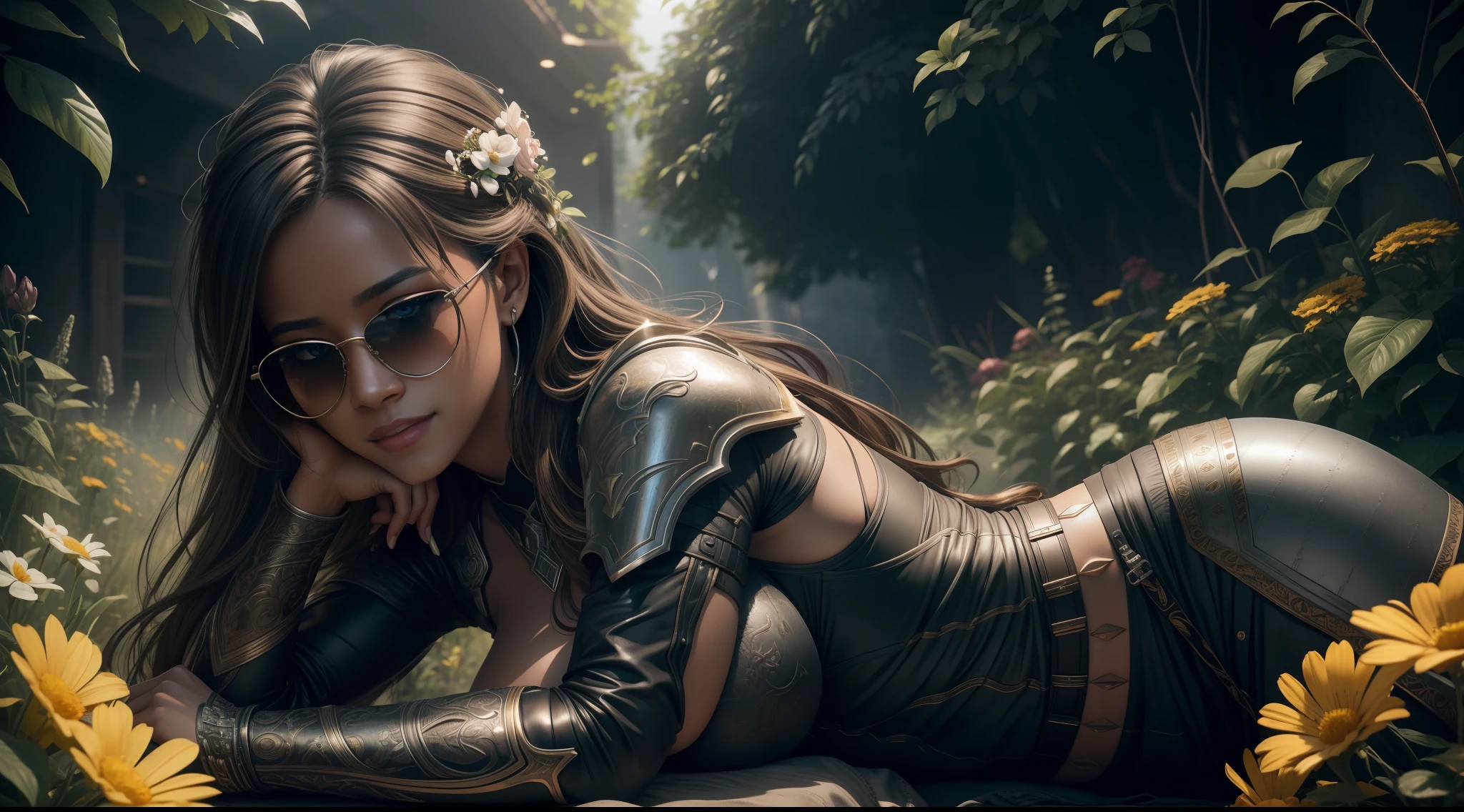 (highly detailed photo:1.1), 8k, photorealistic, insanely detailed:1.5), (highest quality)Masterpiece, full body, aerial view, a beautiful ebony girl, lipstick, blonde, long straight hair, smiling, sunglasses, big breasts, a garden with flowers, day, very detailed lighting, dramatic, digital art trend in Artstation 8k HD high definition detailed realistic, detailed, skin texture, hyper detailed, realistic skin texture, armor, best quality, ultra high res, (photorealistic: 1.4), high resolution, detailed, Raw photo, Sharp Re, by Lee Jeffries Nikon D850 Film Stock Photography 4 Kodak Portra 400 Camera F1.6 Lens Rich Colors Hyper Realistic Realistic texture Dramatic lighting UnrealEngine trend in ArtStation Cinestill 800