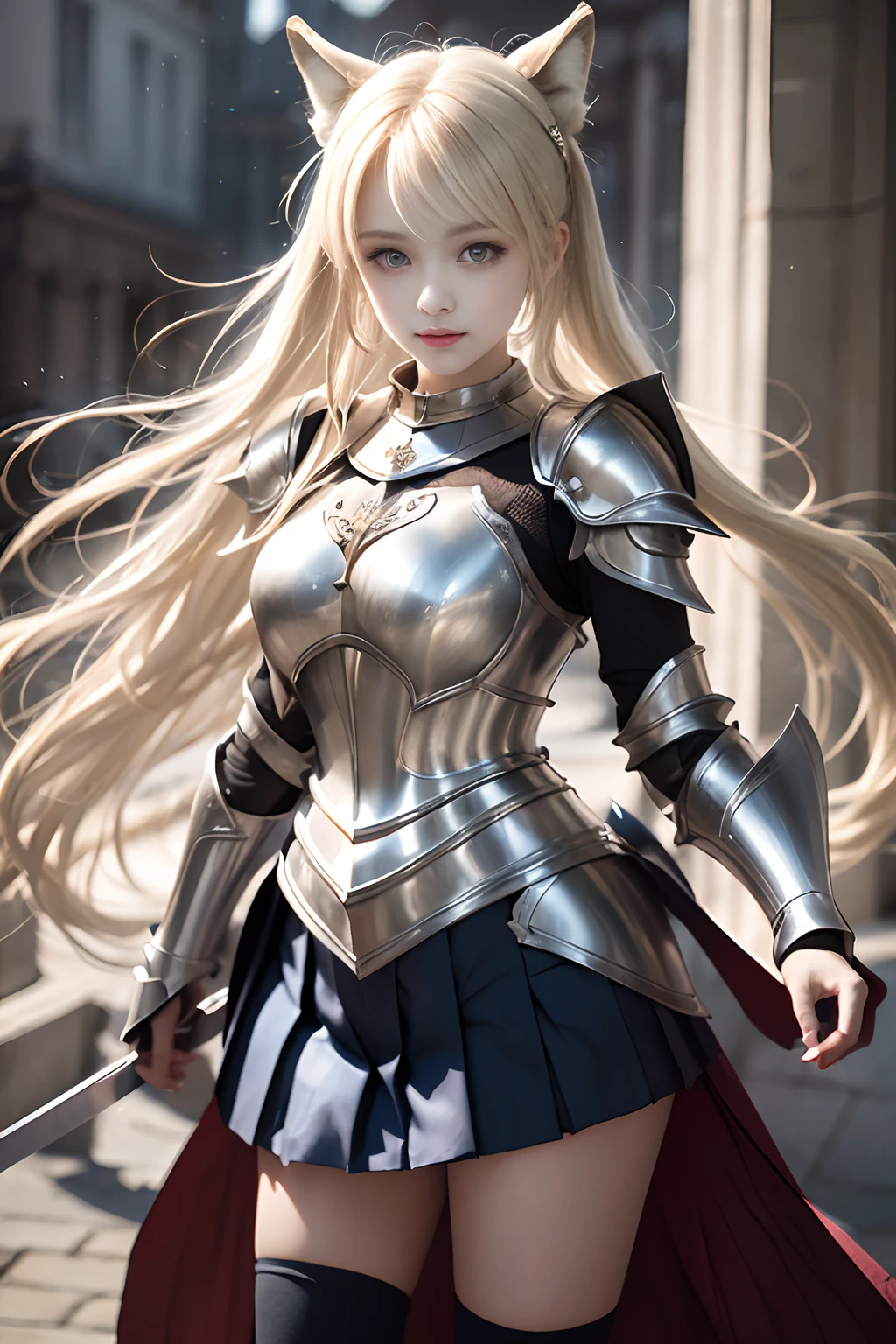 bright expression、poneyTail、Young shiny shiny white shiny skin、Best Looks、Blonde reflected light、Platinum blonde hair with dazzling highlights、shiny light hair,、Super long silky straight hair、Beautiful bangs that shine、Glowing crystal clear attractive big blue eyes、Very beautiful nice cute girl、Lush bust,Beautiful detailed eyes, beautiful detailed nose,(( Full body:1.25)),Makeup that the eyes emphasize、((Pleated skirt with many folds:1.3)),(Women like Joan of Arc:1.3)、(s Armor:1.3)、Knights, (With a sword and shield:1.2),Royal style,Comic style, , Sub-surface scattering, ornate detail, nature backdrop, Hyper-realistic, Cinematic, Dramatic Lighting, masutepiece、(Armor with a wolf motif)、(Wolf face in armor:1.5)、