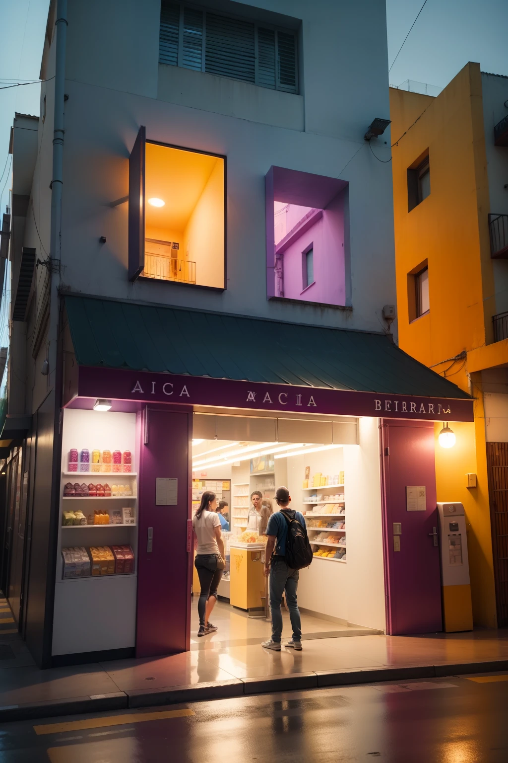There's a photo of a storefront with a sign above it, fachada da loja, adicione alguns elementos de movimento, Like people walking on the sidewalk in front of the store, Add lighting to the façade sign,lojas na esquerda e direita, fachada nas cores roxo e amarelo segundo a original, (Nome da loja: "MARIA PITANGA" no letreiro), letras brancas e iluminadas, Shop of gelato and açaí, At the gelatos self-service desk, caixa para receber pagamento, nome MARIA PITANGA iluminado de branco