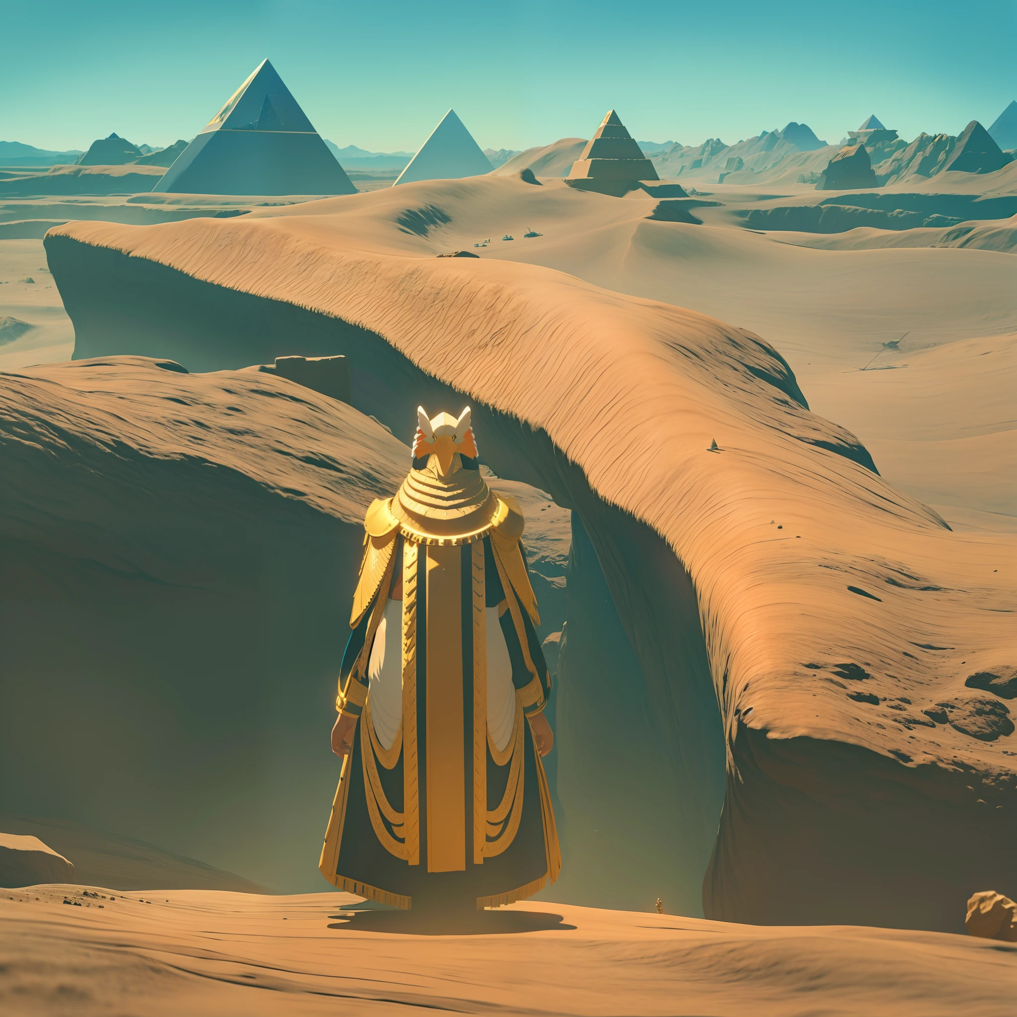 Vast desert,The pyramid of future technology,Eagles fly in the air,exquisite detailing,8k,wide wide shot