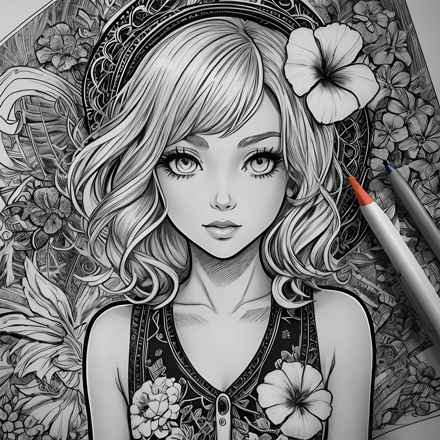 Black and white stick figure girl with hibiscus flower in background, loli in dress with flowers, its fine ink line art, comic style, portrait of ploynesian girl, Marilyn Munroe, Hollywood glam, beautiful line art, black and white comic style, manga style, manga art style, pencil and ink caricature drawing, black and white coloring --auto --s2