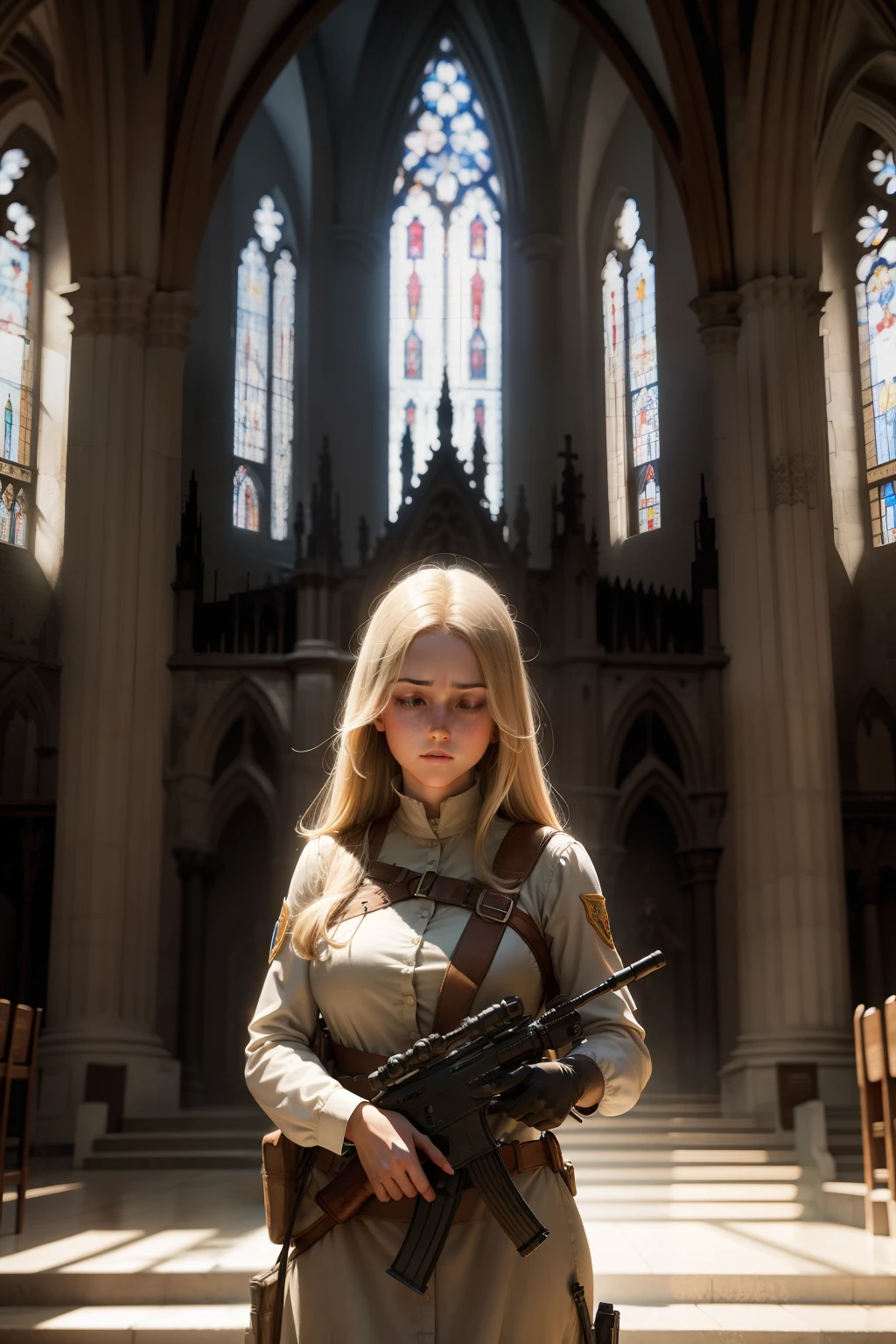 In Cathedral,A maiden praying with a gun,Side Body,Traces of war,Sunlight on the face,Dingdall effect,Realistic firearms